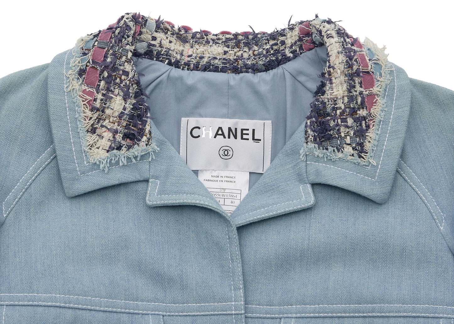 Chanel Jacket, Long Sleeve, Tweed Denim, Cotton, Blue, Gold-Tone Hardware, Pre-Owned - Vintage La Charme