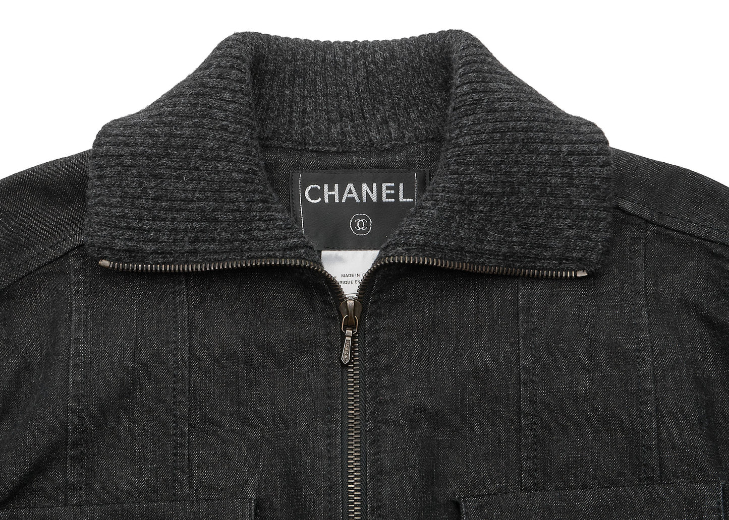 CHANEL Jacket, Knit Denim, Coco Button, Cotton Blend, Black, Silver-Tone Hardware, Pre-Owned - Vintage La Charme