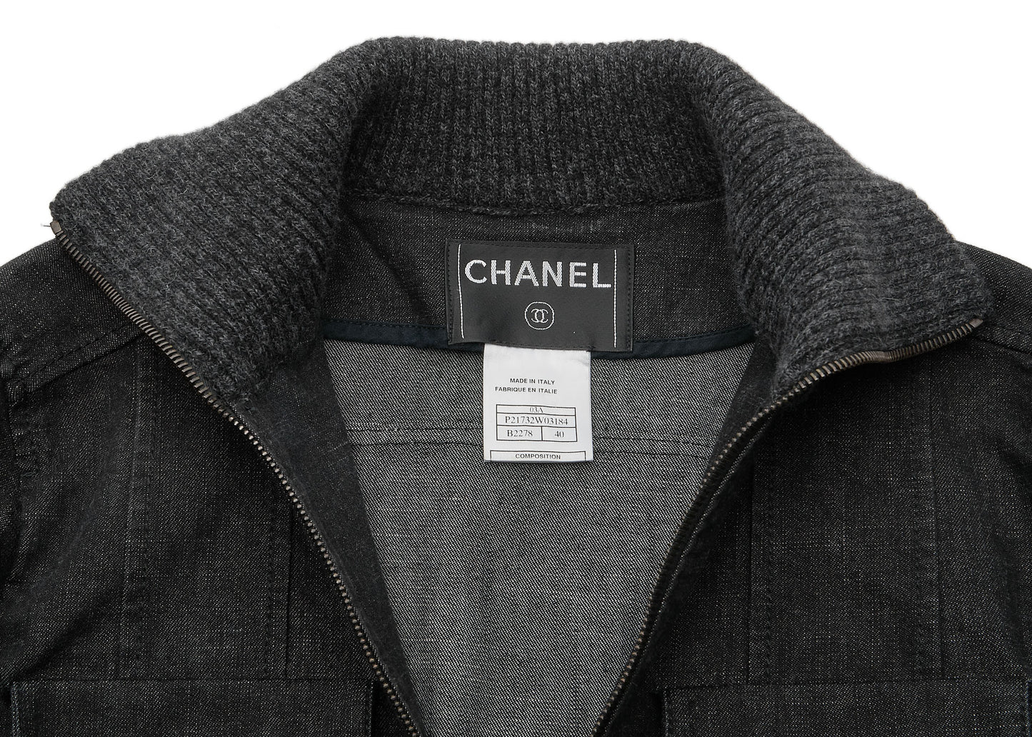 CHANEL Jacket, Knit Denim, Coco Button, Cotton Blend, Black, Silver-Tone Hardware, Pre-Owned - Vintage La Charme