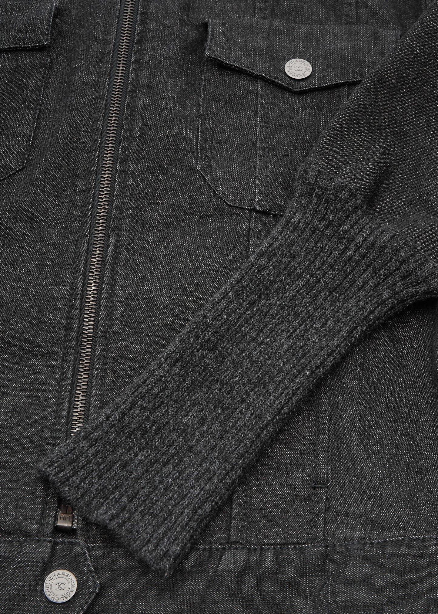 CHANEL Jacket, Knit Denim, Coco Button, Cotton Blend, Black, Silver-Tone Hardware, Pre-Owned - Vintage La Charme