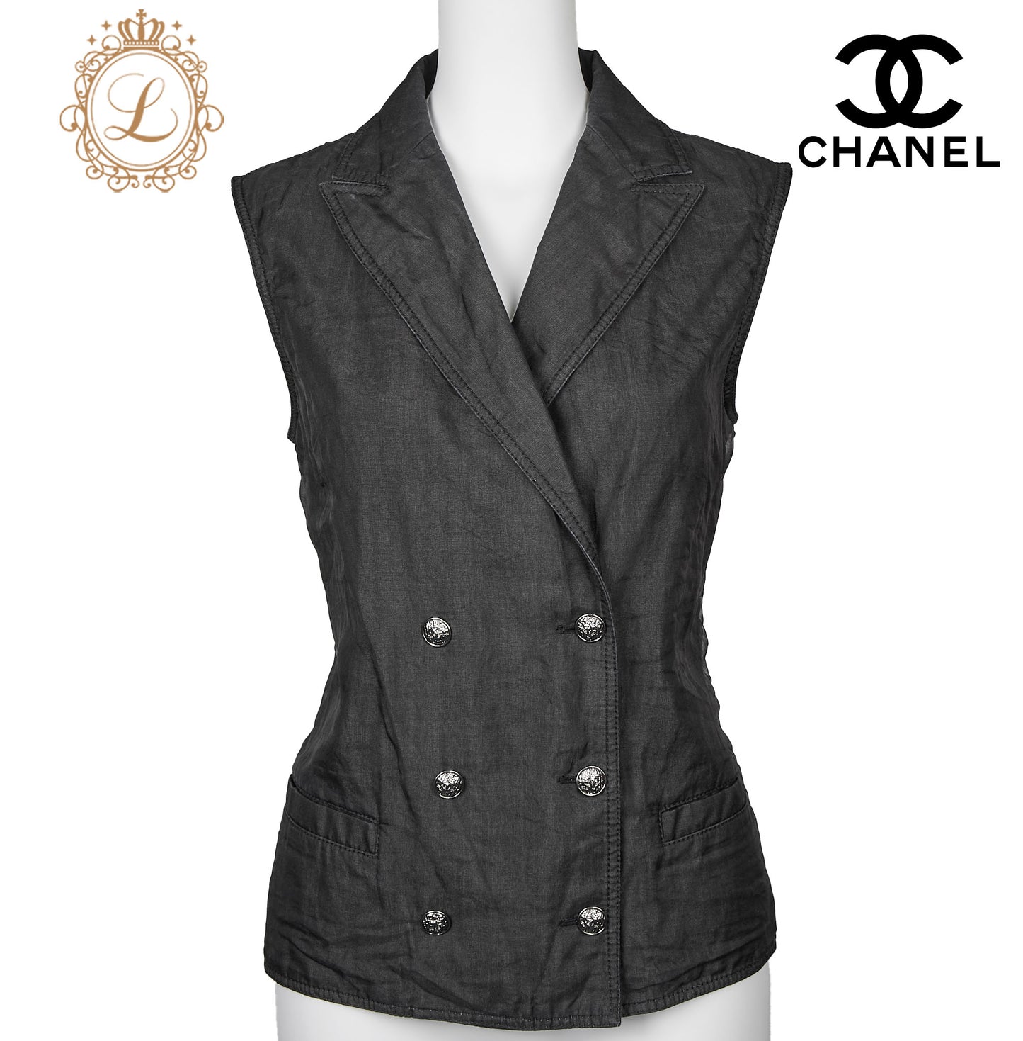 CHANEL Vest, Coco Button, Sleeveless, Black, Silver-Tone Hardware, Pre-Owned - Vintage La Charme