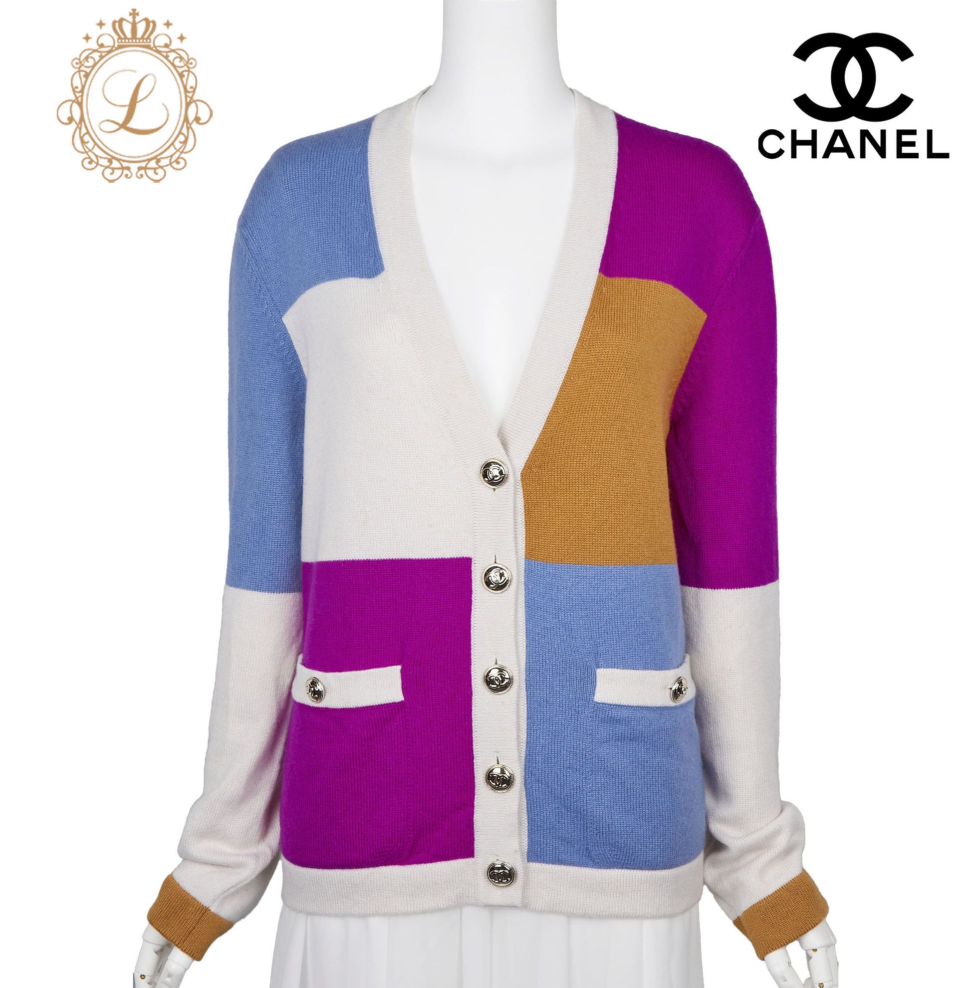 CHANEL Cardigan Long Sleeve Knit Cut-and-Sew Cashmere Ivory Gold-Tone Hardware Pre-Owned - Vintage La Charme