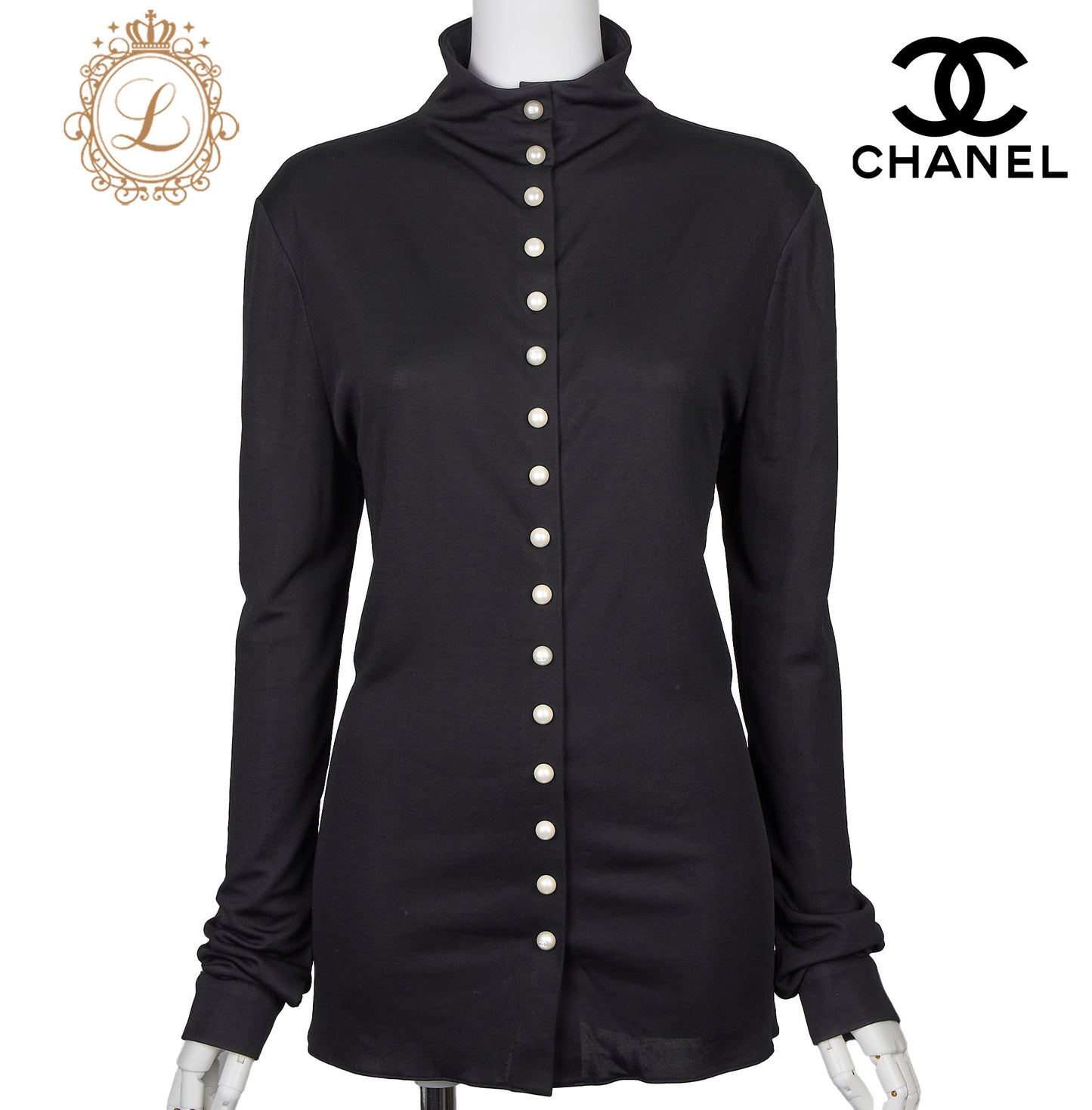Chanel Long Sleeve T-Shirt, High Neck, Cut-and-Sew, Silk Blend, Black, Silver-Tone Hardware, Pre-Owned - Vintage La Charme