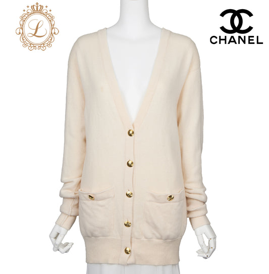 CHANEL Cardigan, Coco Mark, Long Sleeve, Cashmere, Beige, Gold-Tone Hardware, Pre-Owned - Vintage La Charme