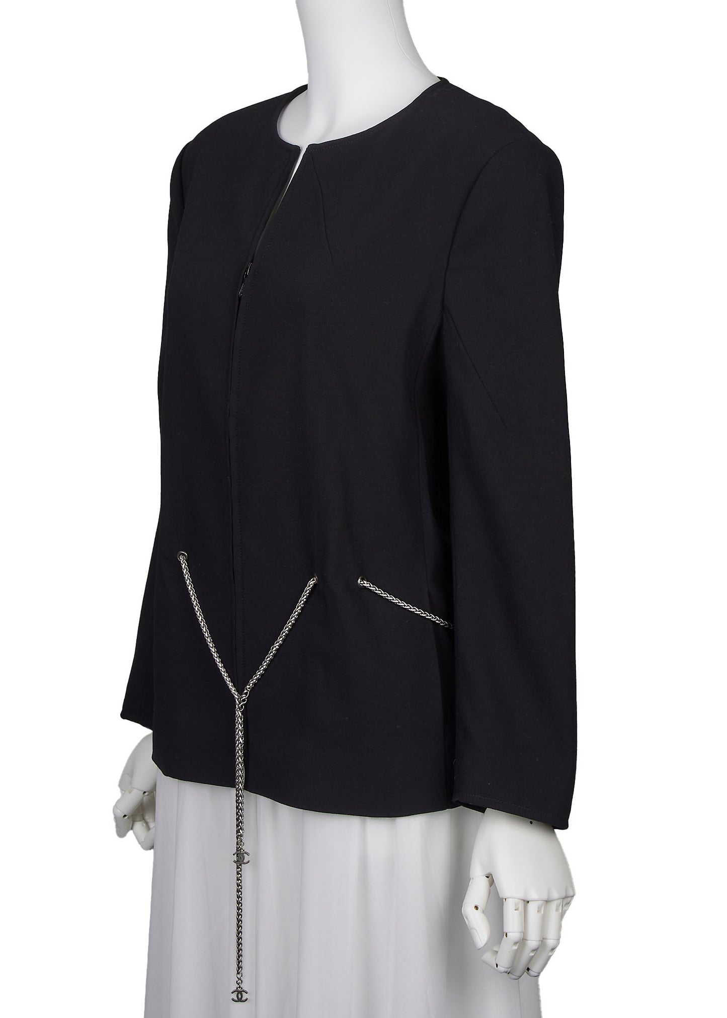 CHANEL Waist Chain Jacket, No Collar, Wool, Black, Gold-Tone Hardware, Pre-Owned - Vintage La Charme