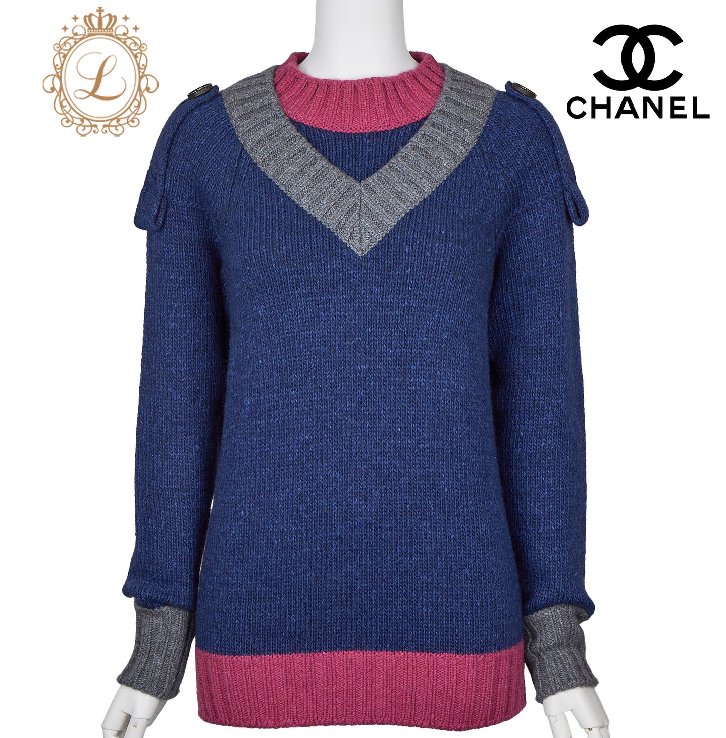 CHANEL Knit Sweater, Coco Button, Cashmere Silk Wool Blend, Navy, Gold-Tone Hardware, Pre-Owned - Vintage La Charme