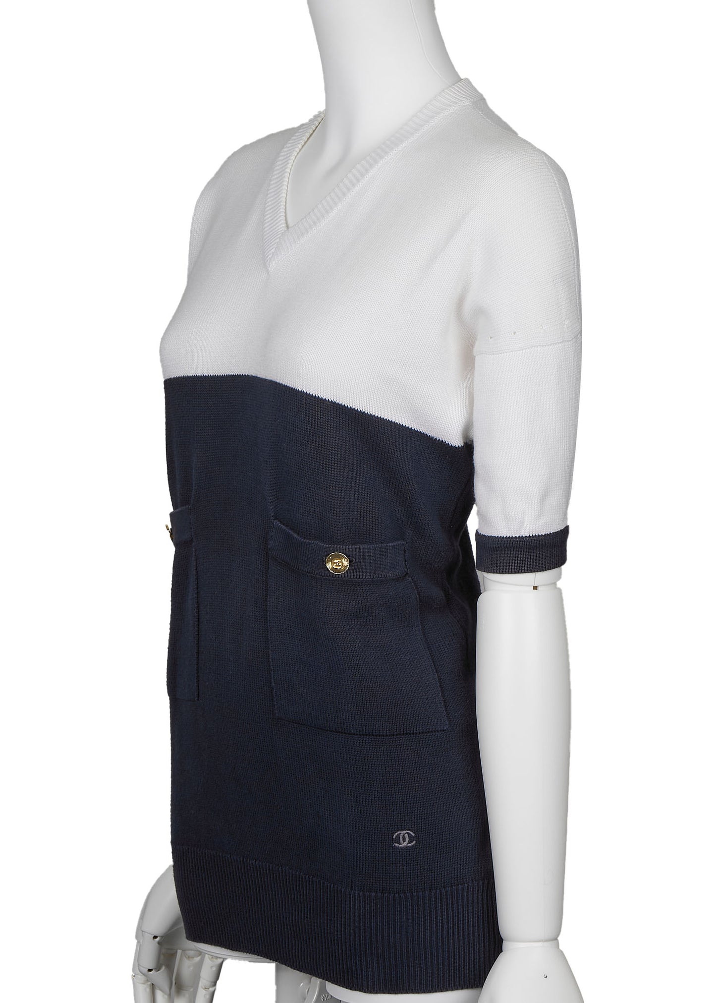 CHANEL Knit T-Shirt, Coco Button, Short Sleeve, Cotton, Navy, Silver-Tone Hardware, Pre-Owned - Vintage La Charme