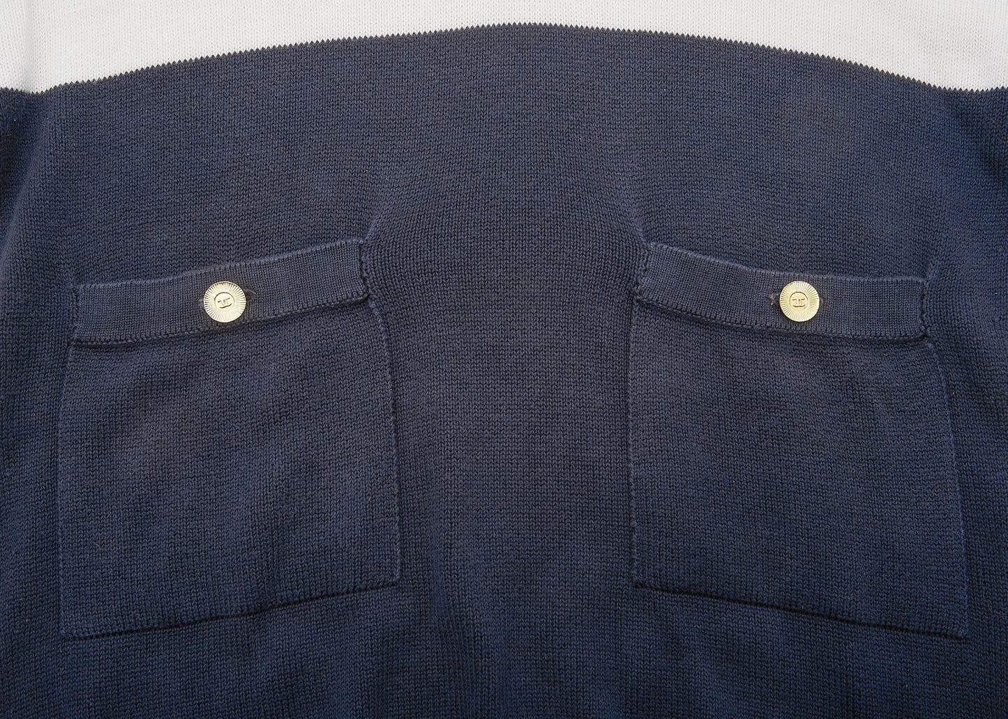 CHANEL Knit T-Shirt, Coco Button, Short Sleeve, Cotton, Navy, Silver-Tone Hardware, Pre-Owned - Vintage La Charme
