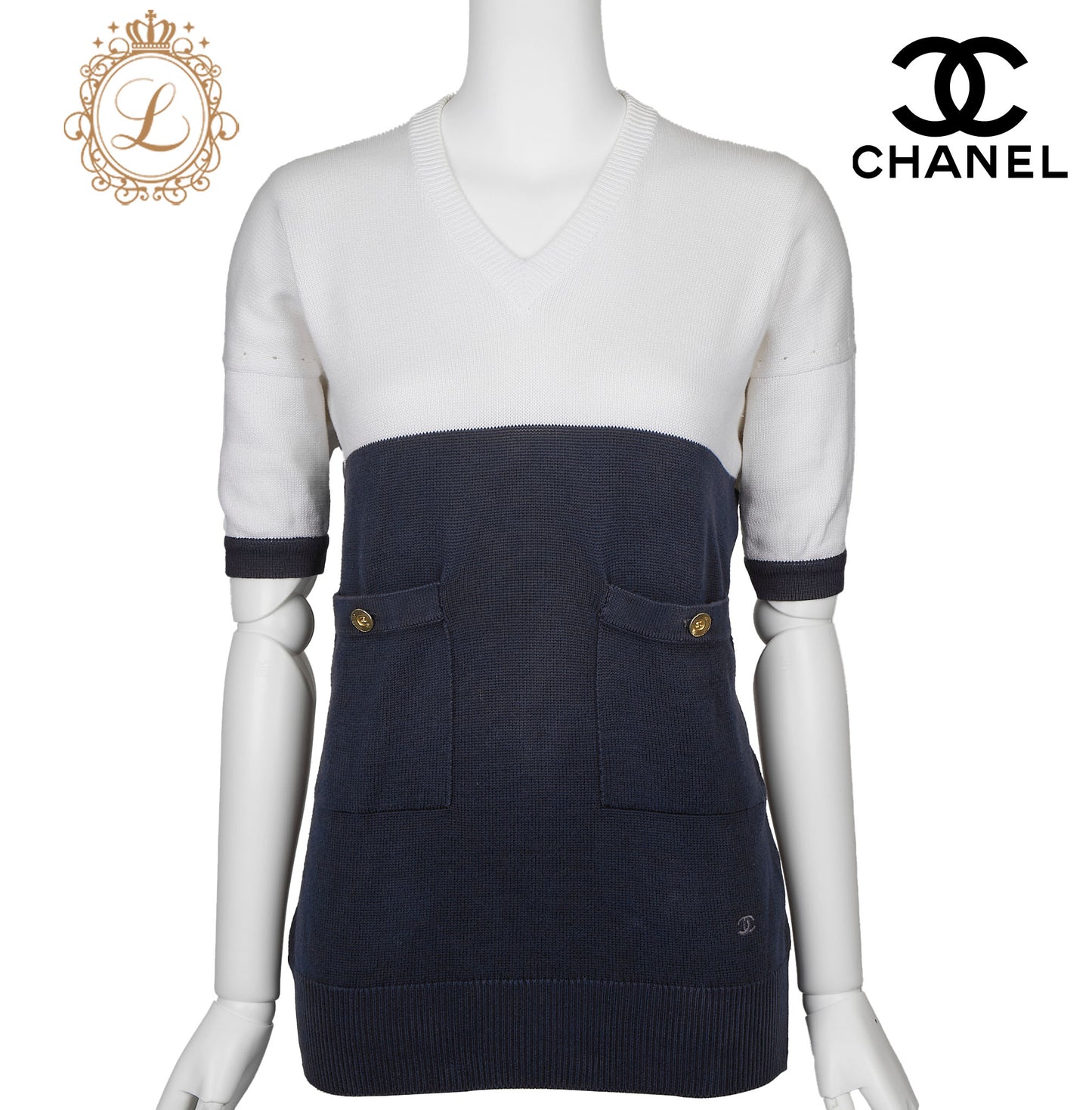 CHANEL Knit T-Shirt, Coco Button, Short Sleeve, Cotton, Navy, Silver-Tone Hardware, Pre-Owned - Vintage La Charme