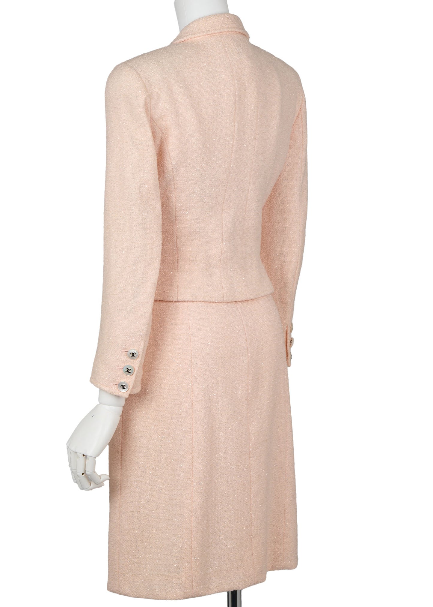 CHANEL Jacket Skirt Set, Coco Button, Wool Blend, Pink, Gold-Tone Hardware, Pre-Owned - Vintage La Charme