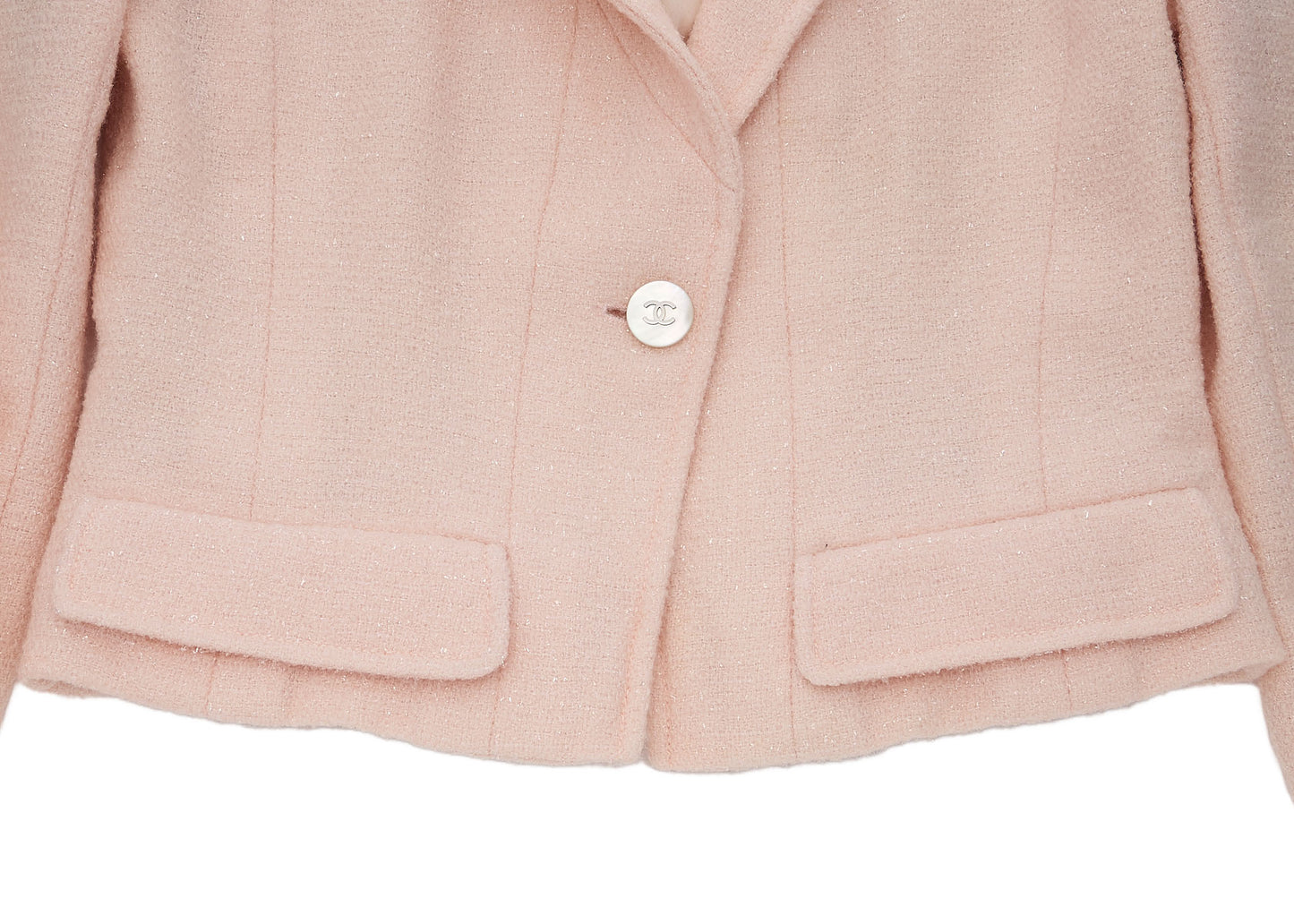CHANEL Jacket Skirt Set, Coco Button, Wool Blend, Pink, Gold-Tone Hardware, Pre-Owned - Vintage La Charme
