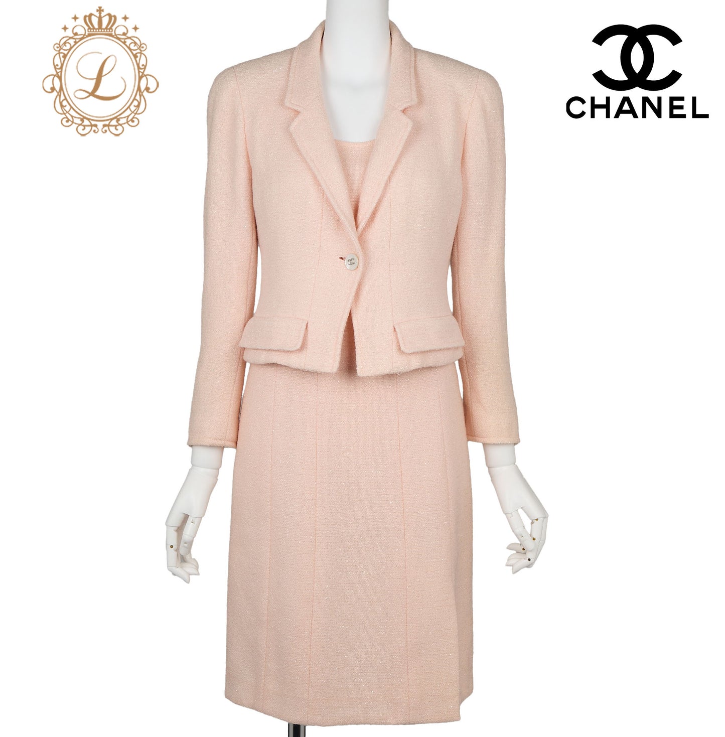 CHANEL Jacket Skirt Set, Coco Button, Wool Blend, Pink, Gold-Tone Hardware, Pre-Owned - Vintage La Charme