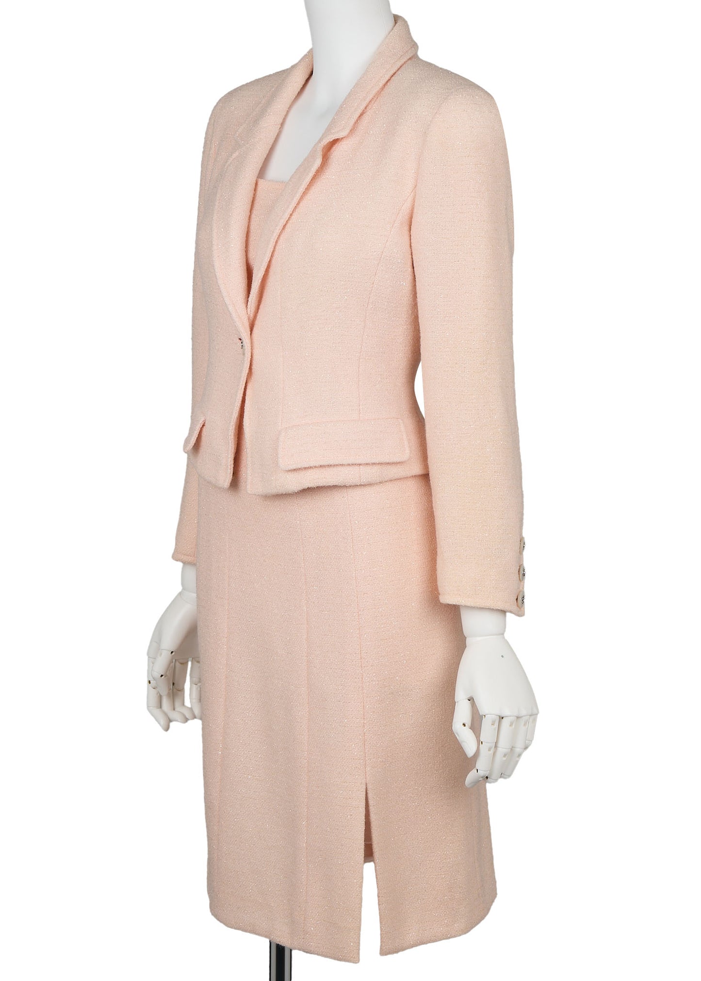 CHANEL Jacket Skirt Set, Coco Button, Wool Blend, Pink, Gold-Tone Hardware, Pre-Owned - Vintage La Charme