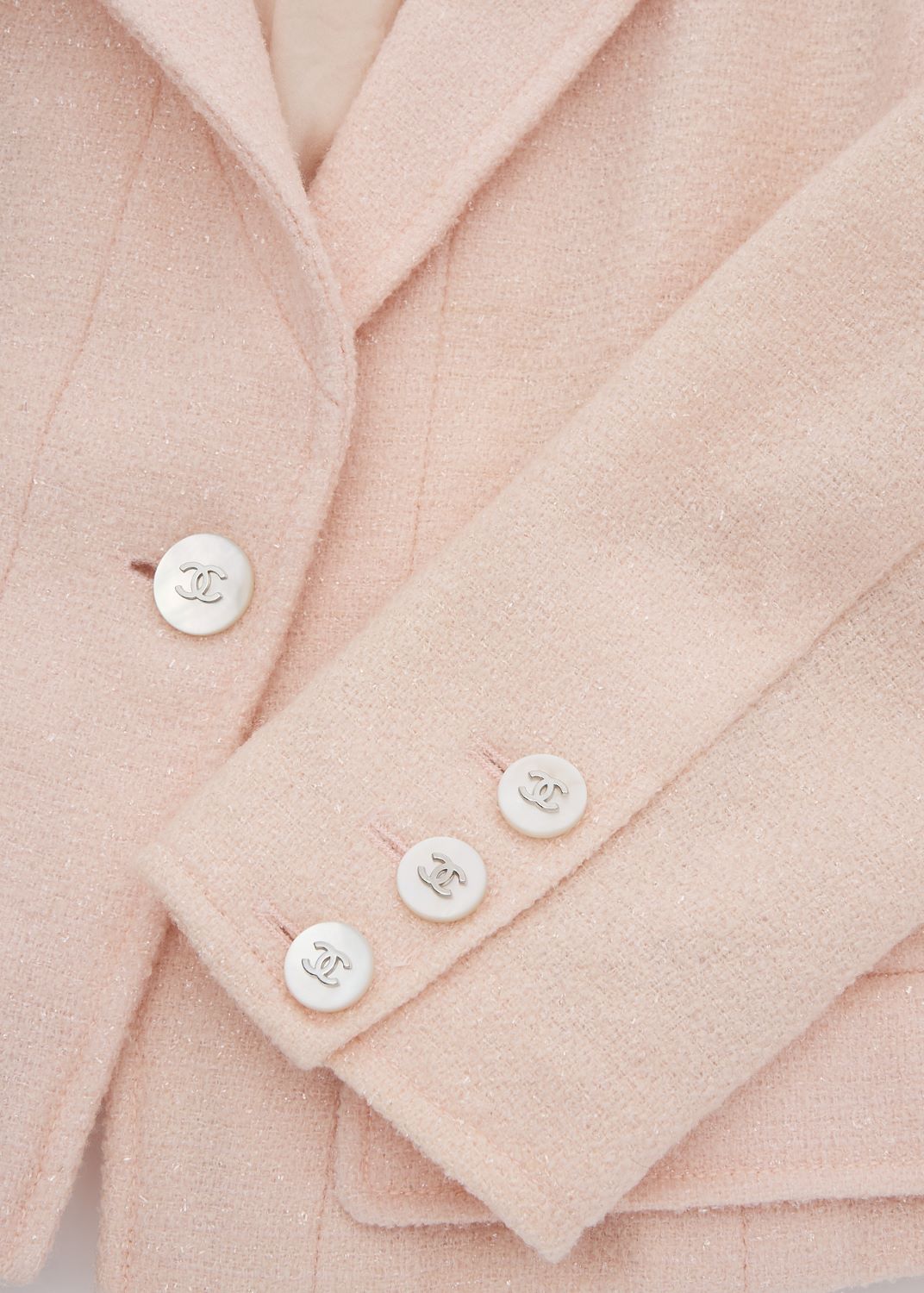 CHANEL Jacket Skirt Set, Coco Button, Wool Blend, Pink, Gold-Tone Hardware, Pre-Owned - Vintage La Charme