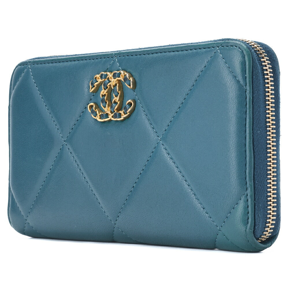 CHANEL 19 Matelasse Round Long Wallet Lambskin Turquoise Gold-Tone Hardware Pre-Owned - Vintage La Charme