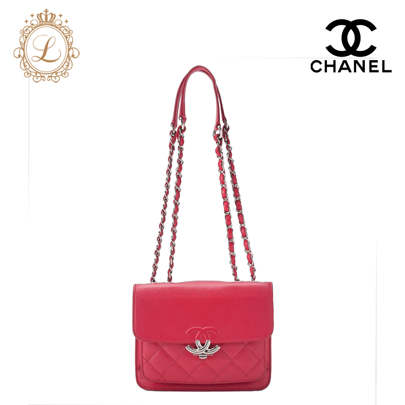 CHANEL Shoulder Bag Tote Bag Matelasse Coco Push Lock Chain Shoulder Caviar Skin Red Silver-Tone Hardware Pre-Owned - Vintage La Charme