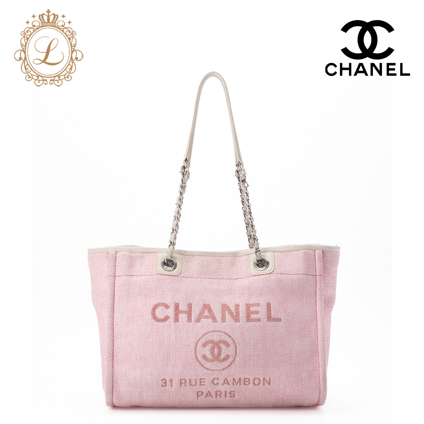 CHANEL Tote Bag Deauville MM Canvas Pink Silver-Tone Hardware Pre-Owned - Vintage La Charme