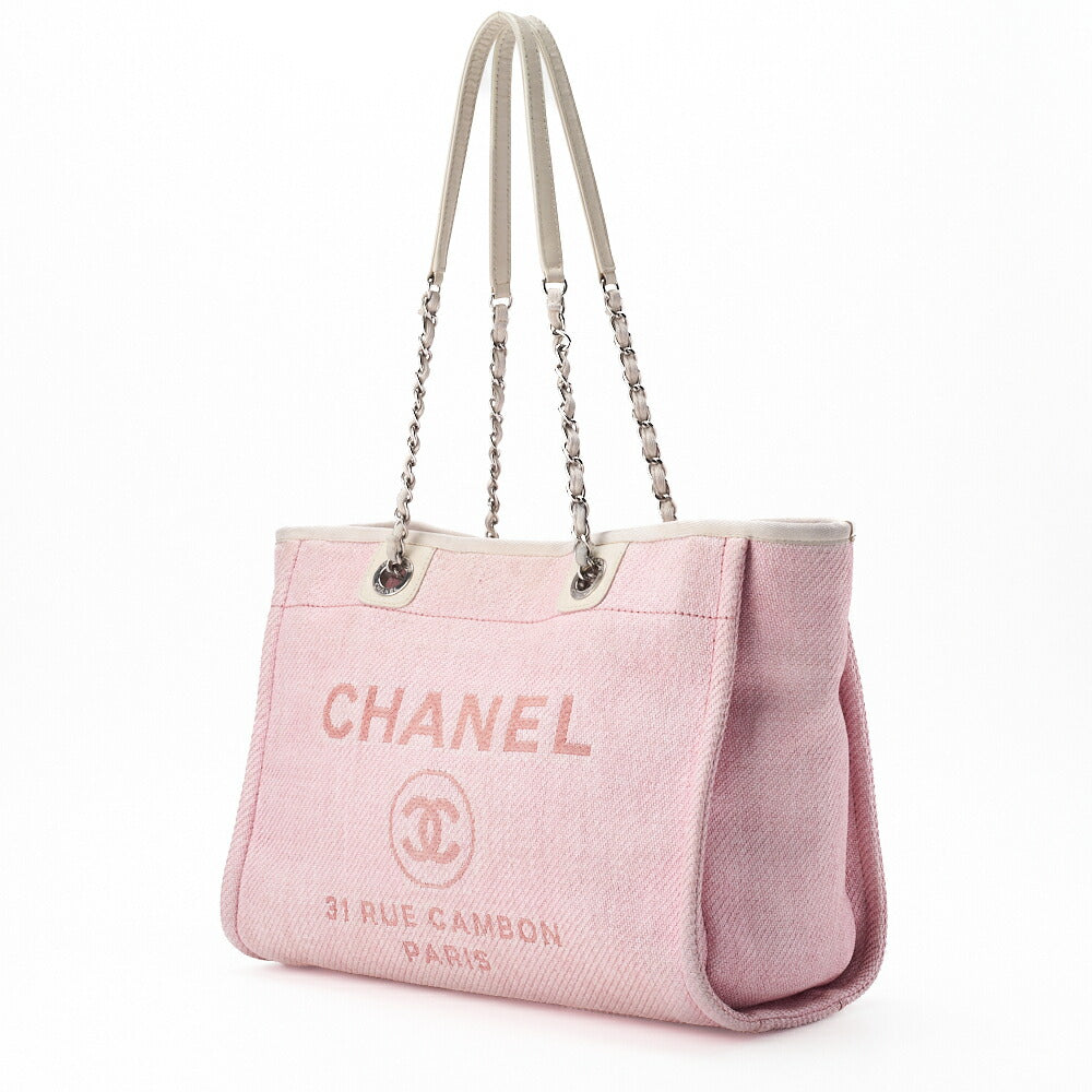 CHANEL Tote Bag Deauville MM Canvas Pink Silver-Tone Hardware Pre-Owned - Vintage La Charme
