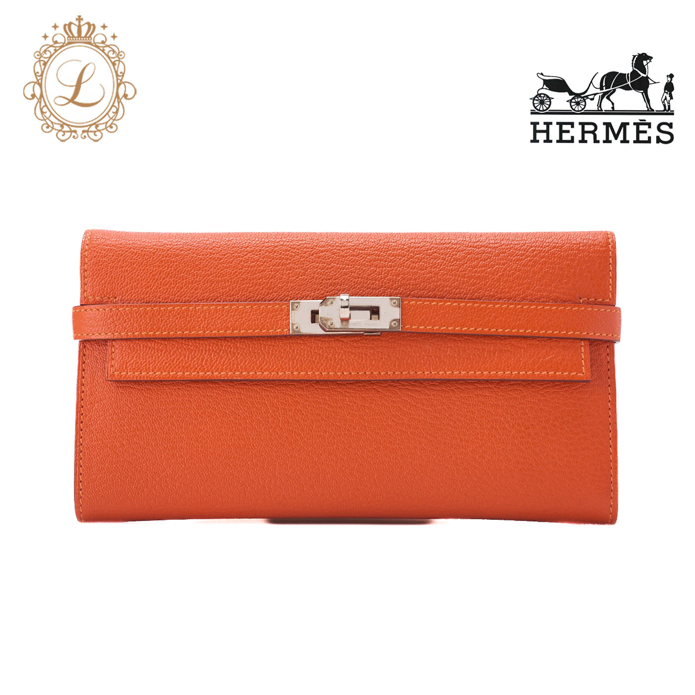 HERMES Kelly Wallet 2 Fold Long Wallet Chevre Mizol Orange Silver-Tone Hardware Pre-Owned - Vintage La Charme