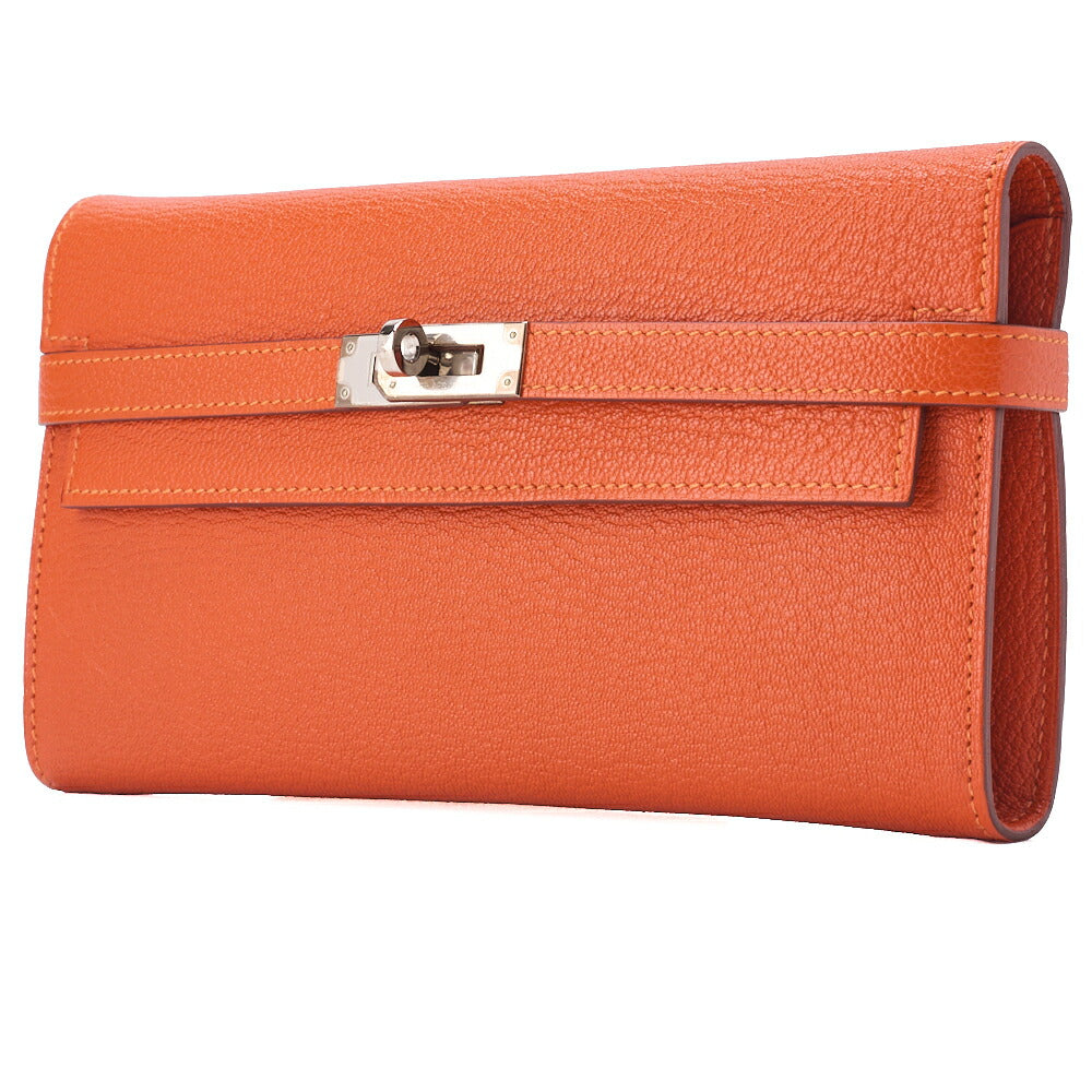 HERMES Kelly Wallet 2 Fold Long Wallet Chevre Mizol Orange Silver-Tone Hardware Pre-Owned - Vintage La Charme