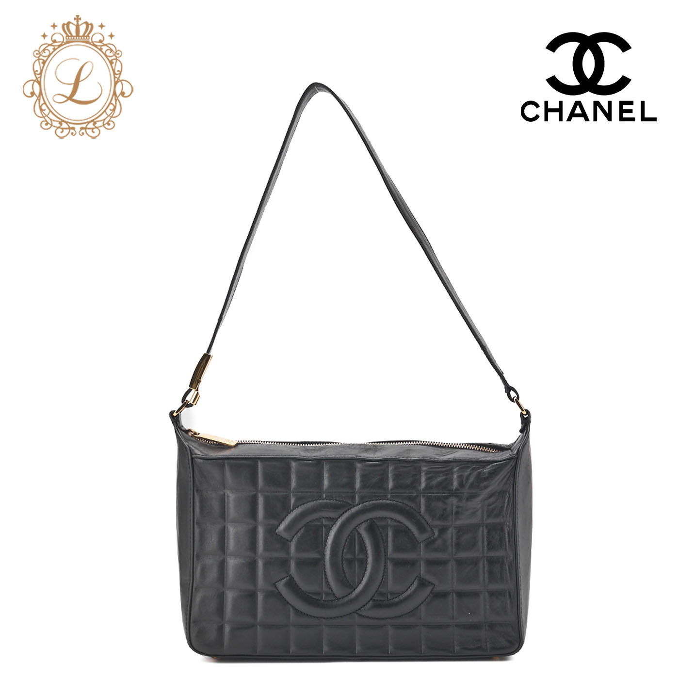 CHANEL Shoulder Bag Chocolate Bar Coco Mark Lambskin Black Gold-Tone Hardware Pre-Owned - Vintage La Charme
