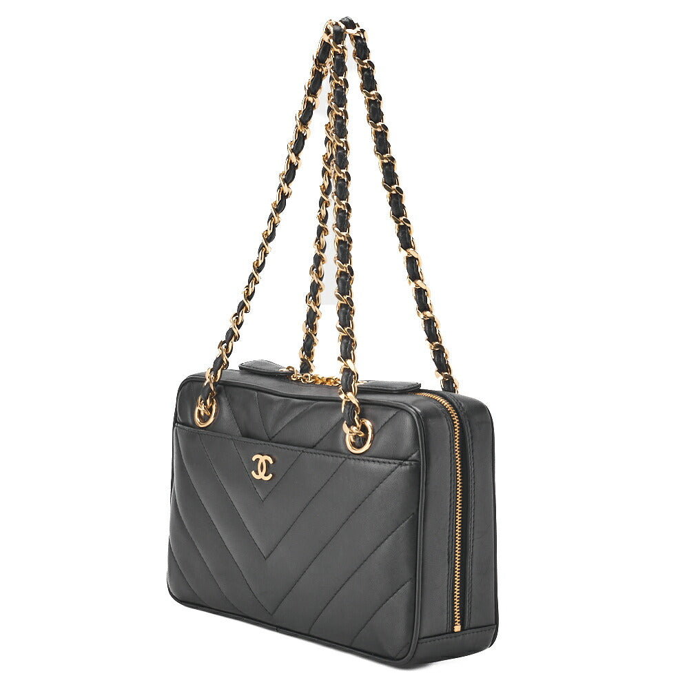 CHANEL Chain Hand Bag V-Stitch Calfskin Black Gold-Tone Hardware Pre-Owned - Vintage La Charme