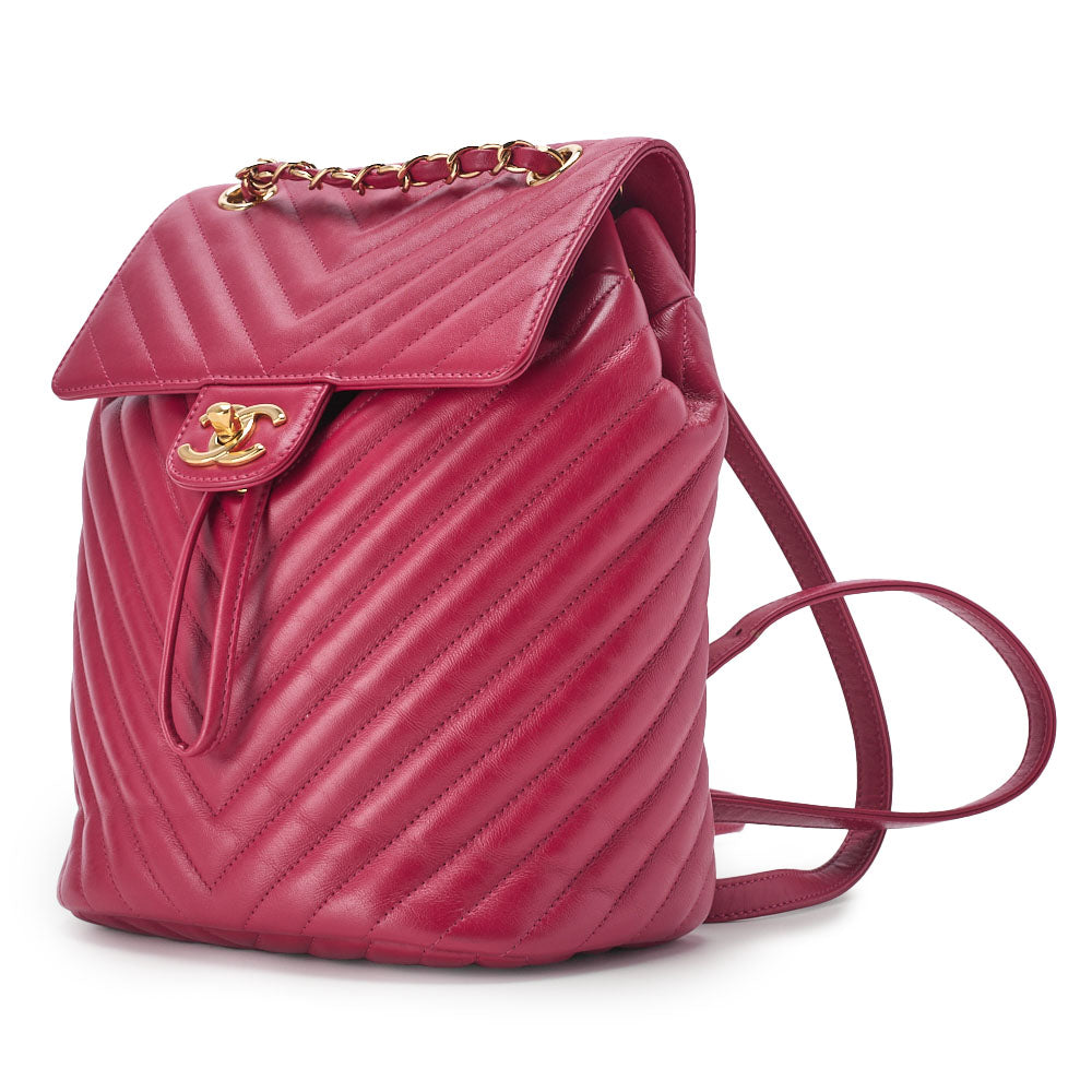 CHANEL Shoulder Backpack Bag V Stitch Turn Lock Lambskin Pink Gold-Tone Hardware Pre-Owned - Vintage La Charme