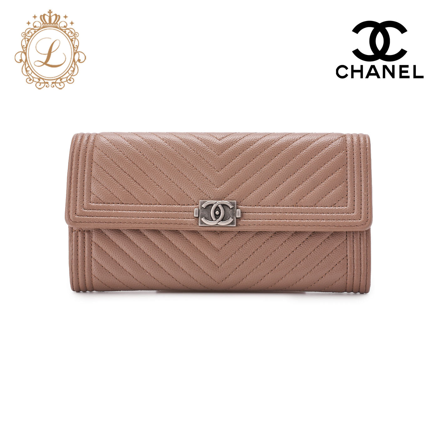 CHANEL Bi-fold Long Wallet, V-Stitch, Caviar Skin, Beige Gray, Silver-Tone Hardware, Pre-Owned - Vintage La Charme