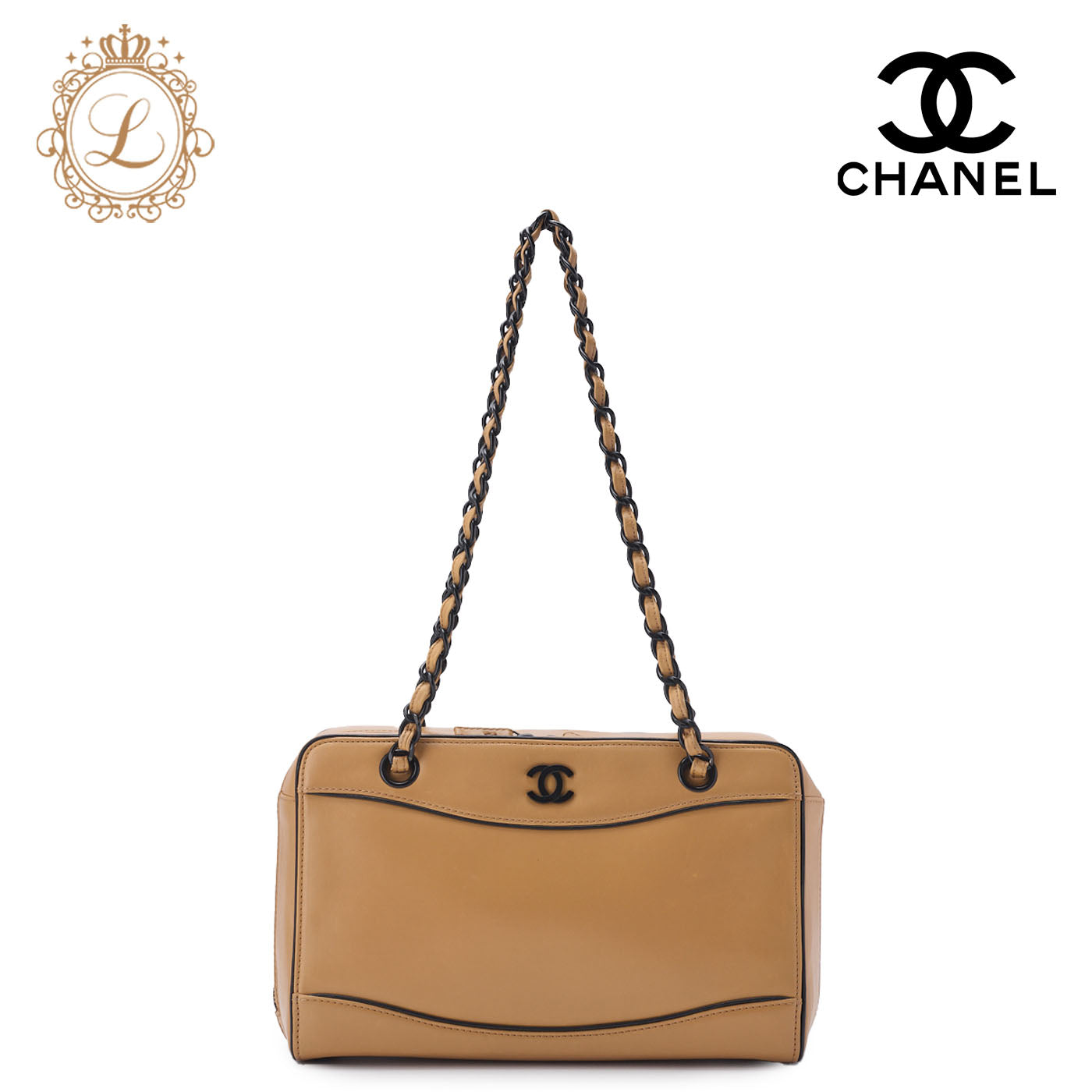 CHANEL Chain Hand Bag, Coco Mark, Calfskin, Beige, Black Metal Fittings, Pre-Owned - Vintage La Charme