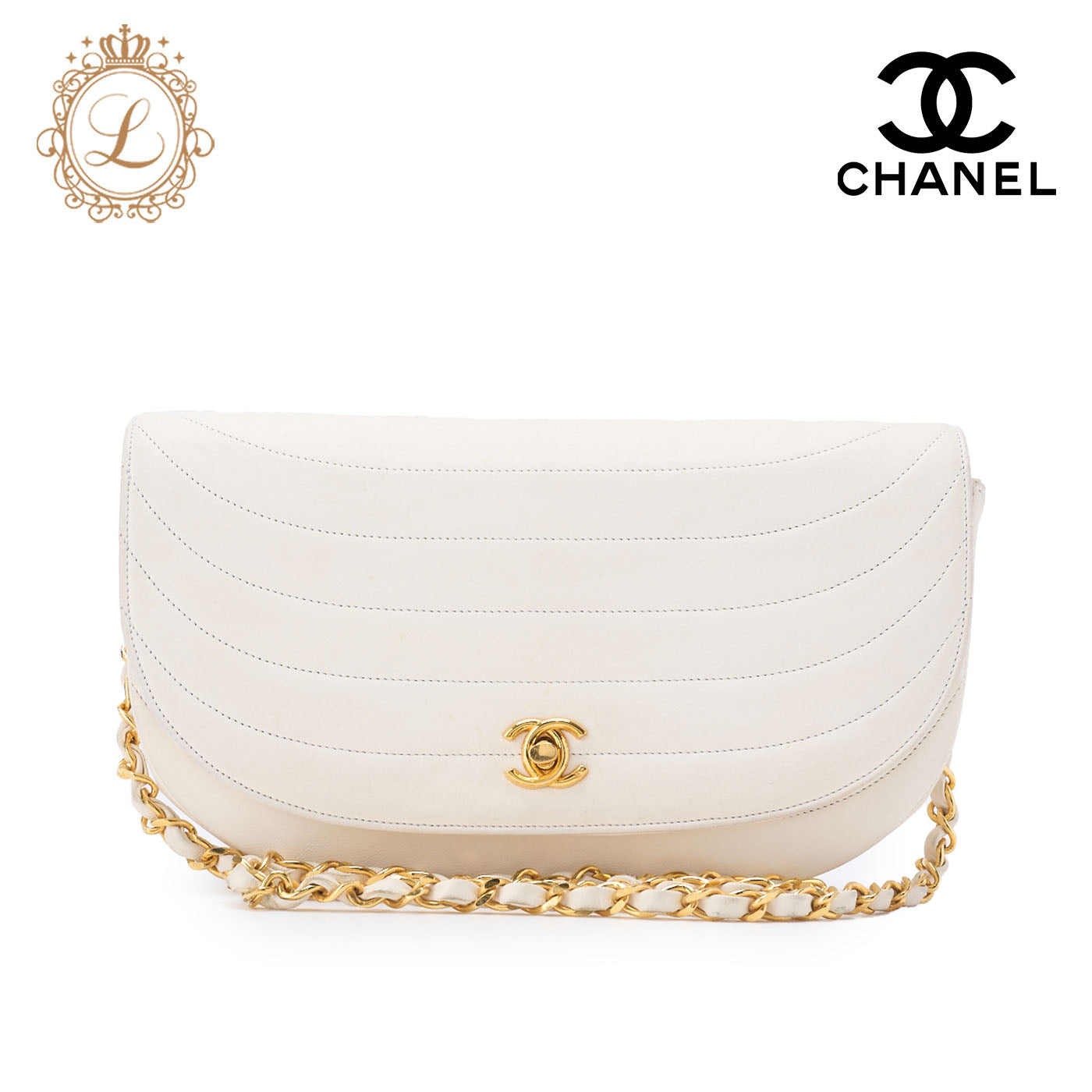 CHANEL Shoulder Bag Border Stitch Half Moon Lambskin White Gold-Tone Hardware Pre-Owned - Vintage La Charme