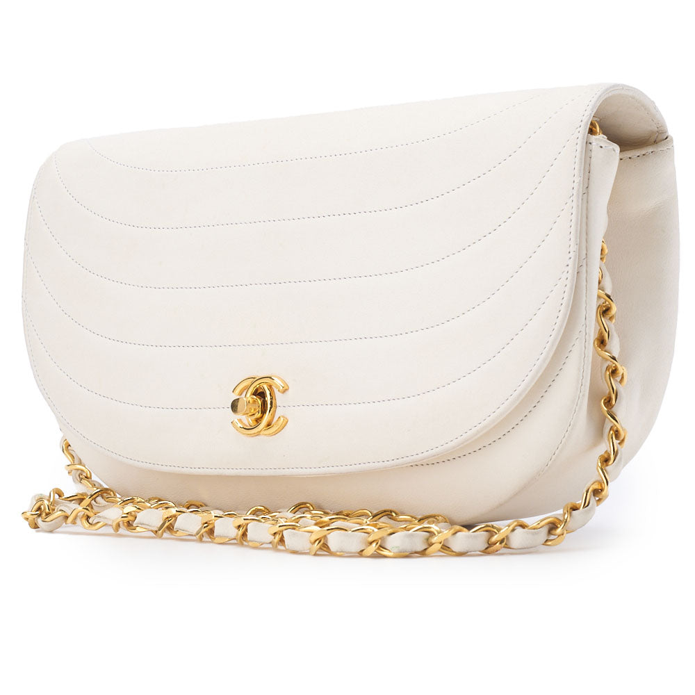 CHANEL Shoulder Bag Border Stitch Half Moon Lambskin White Gold-Tone Hardware Pre-Owned - Vintage La Charme