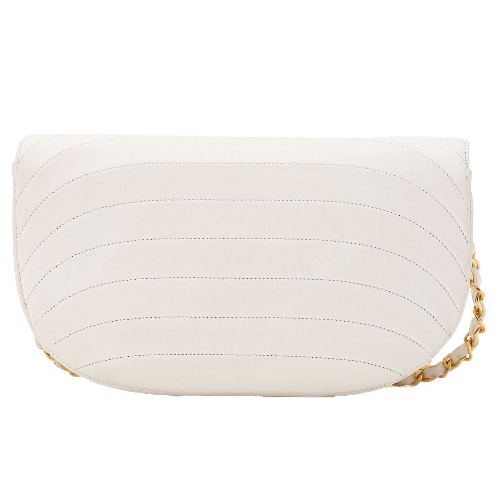 CHANEL Shoulder Bag Border Stitch Half Moon Lambskin White Gold-Tone Hardware Pre-Owned - Vintage La Charme
