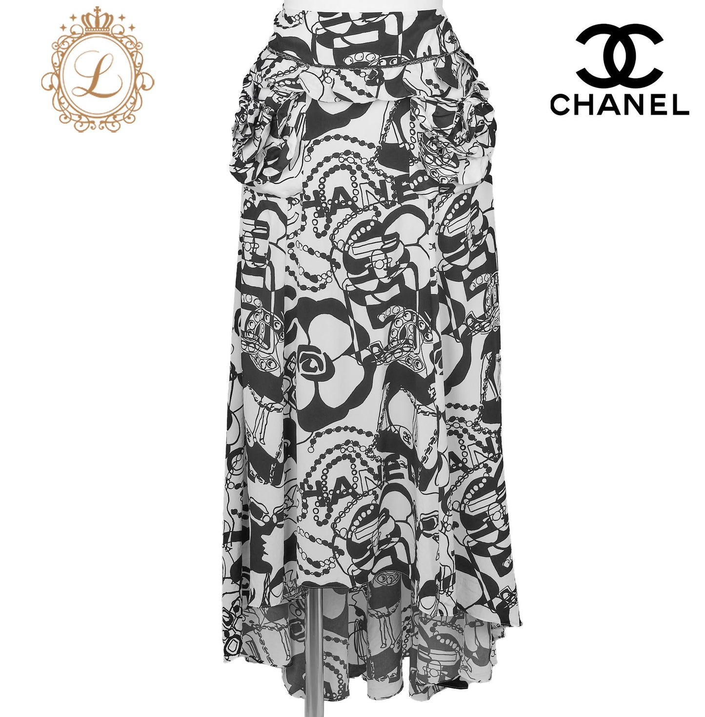 CHANEL Skirt, Camellia Coco Mark Logo, Silk, Black, Gold-Tone Hardware, Pre-Owned - Vintage La Charme