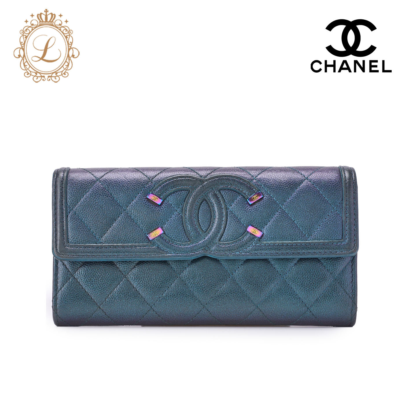 CHANEL Bi-Fold Long Wallet Matelasse CC Filigree Caviar Skin Metallic Green Silver-Tone Hardware Pre-Owned - Vintage La Charme