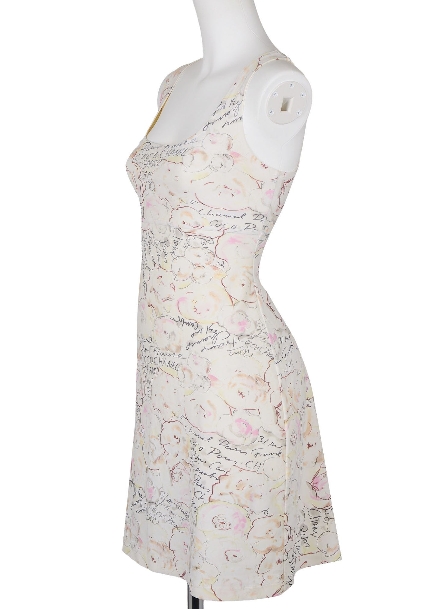 CHANEL Sleeveless Dress, Camellia Logo, Nylon Blend, Ivory, Silver-Tone Hardware, Pre-Owned - Vintage La Charme