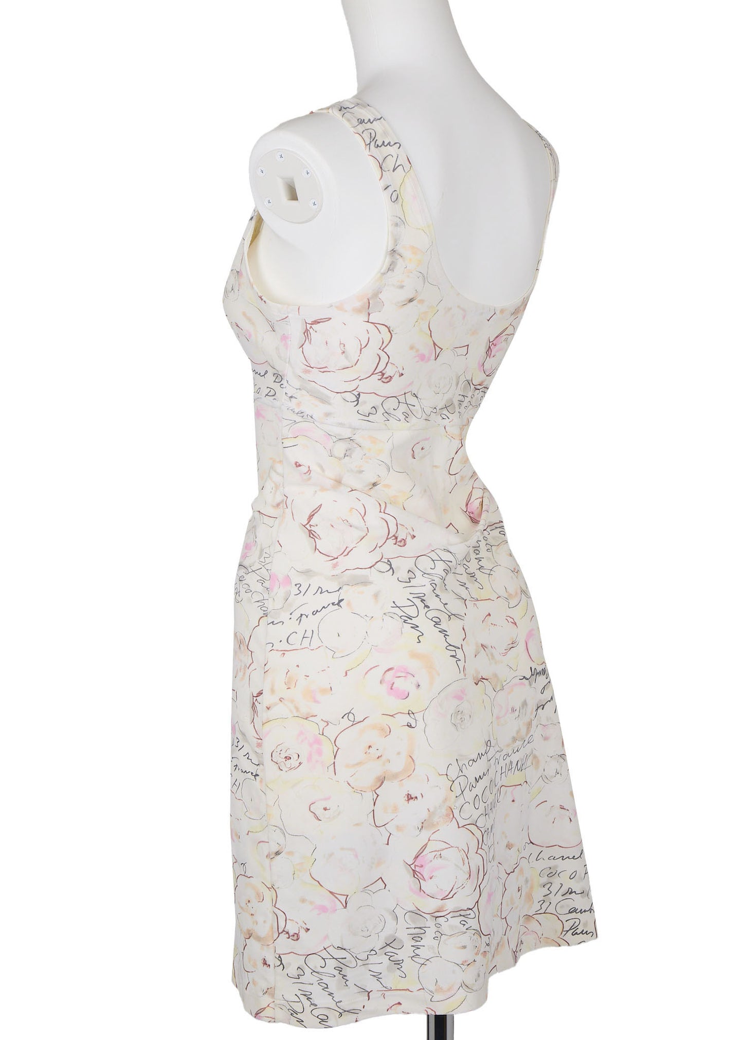 CHANEL Sleeveless Dress, Camellia Logo, Nylon Blend, Ivory, Silver-Tone Hardware, Pre-Owned - Vintage La Charme