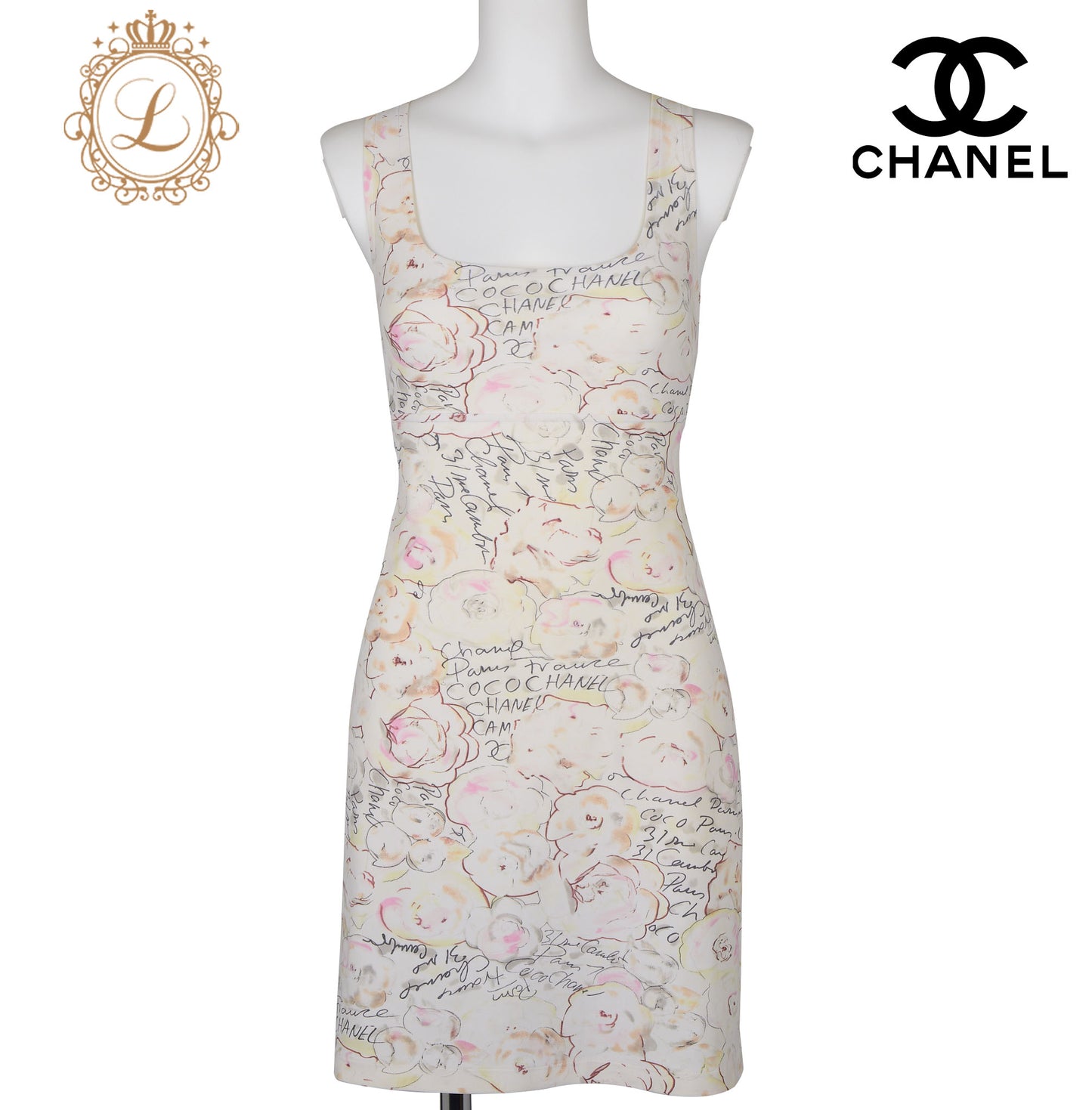 CHANEL Sleeveless Dress, Camellia Logo, Nylon Blend, Ivory, Silver-Tone Hardware, Pre-Owned - Vintage La Charme