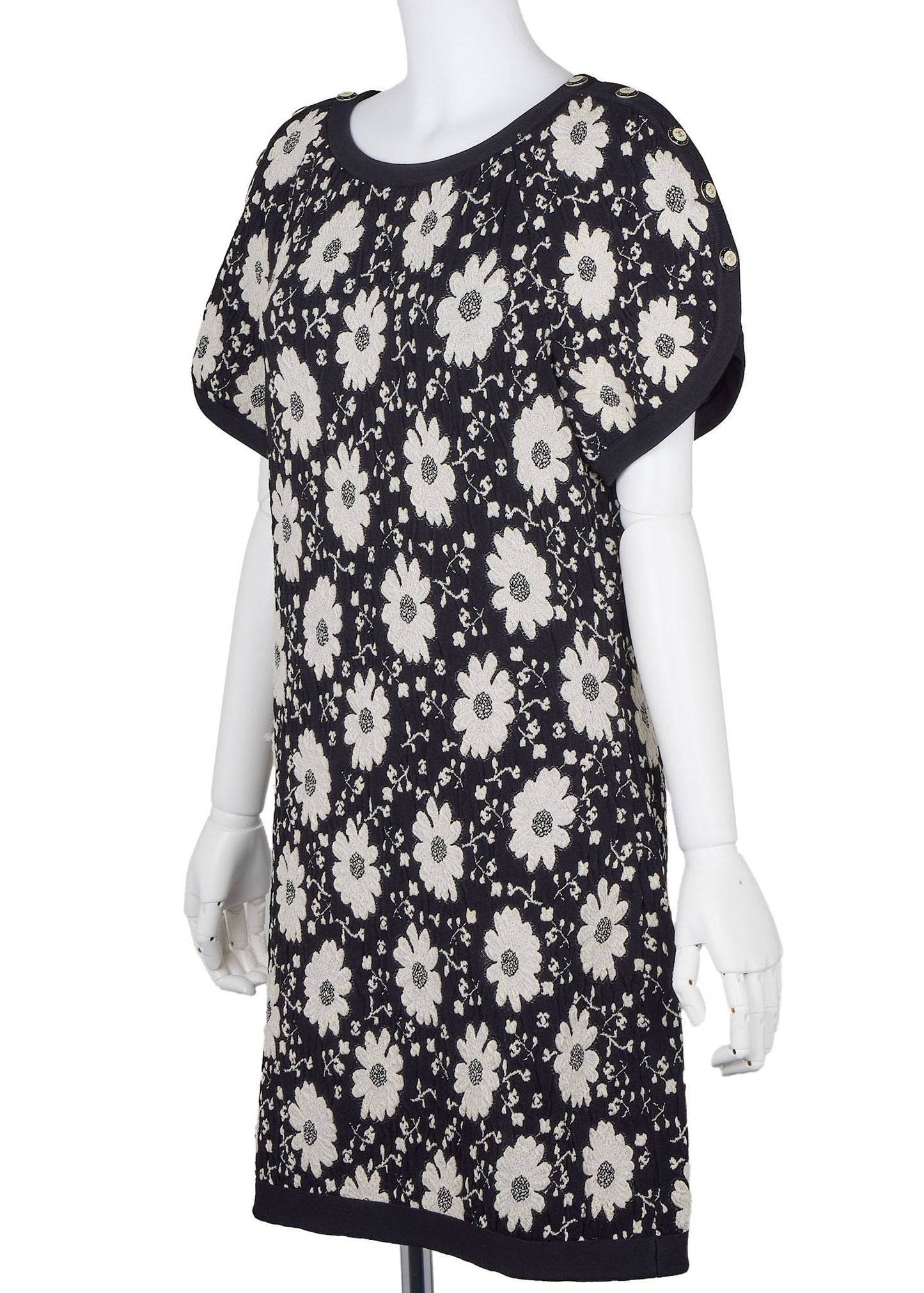 CHANEL Short Sleeve Dress, Floral Coco Button, Nylon Blend, Black, Gold-Tone Hardware, Pre-Owned - Vintage La Charme