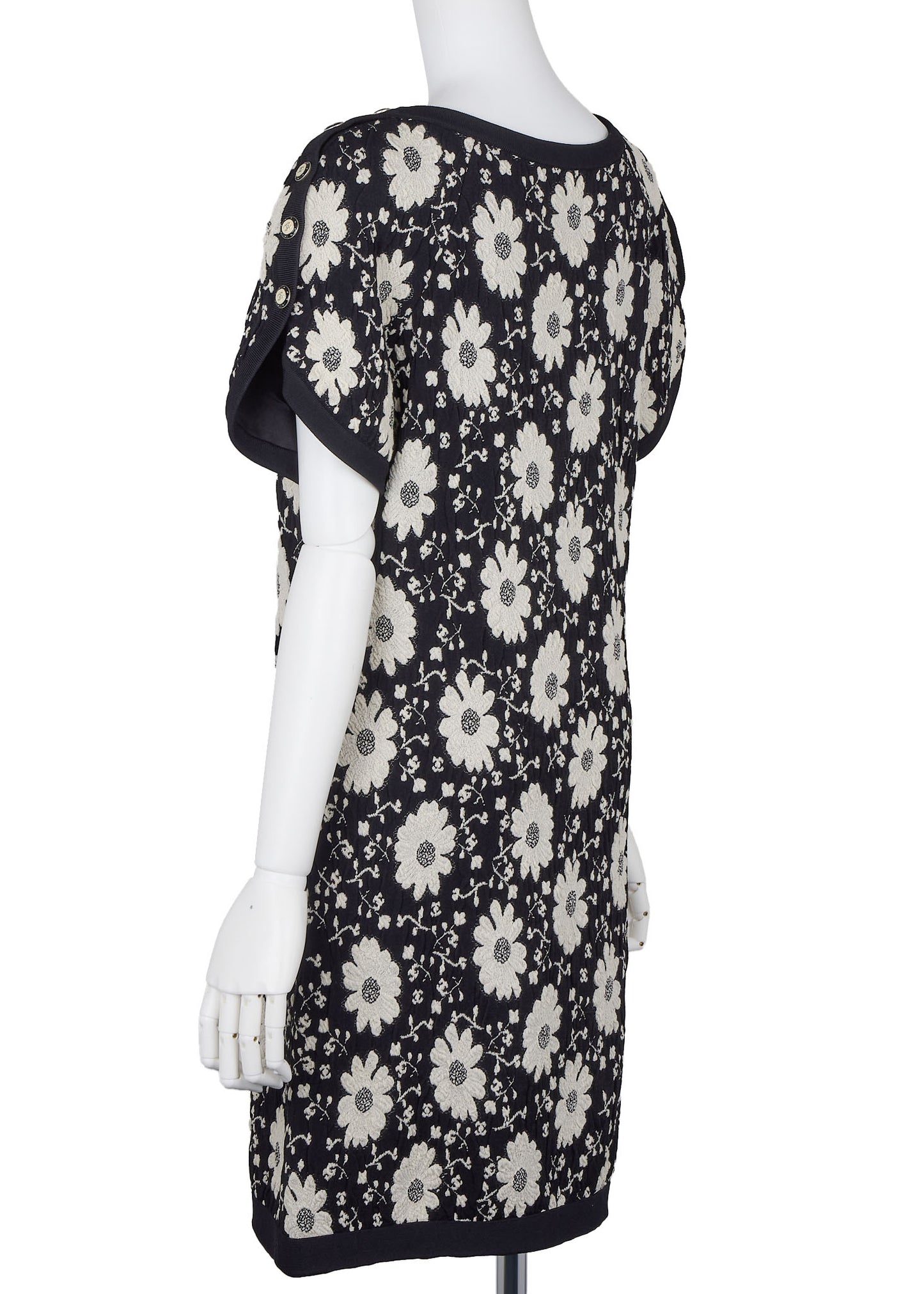 CHANEL Short Sleeve Dress, Floral Coco Button, Nylon Blend, Black, Gold-Tone Hardware, Pre-Owned - Vintage La Charme
