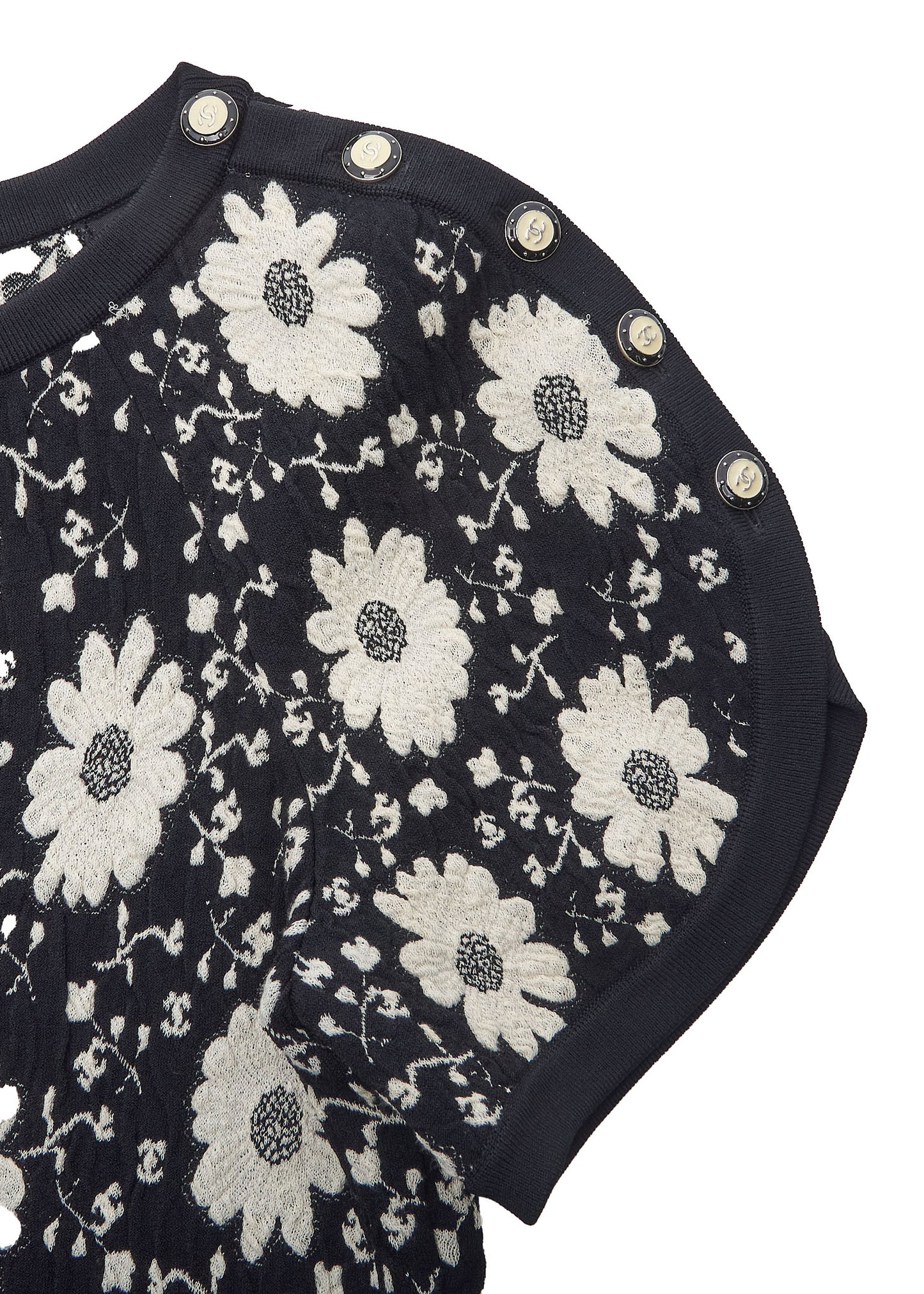 CHANEL Short Sleeve Dress, Floral Coco Button, Nylon Blend, Black, Gold-Tone Hardware, Pre-Owned - Vintage La Charme