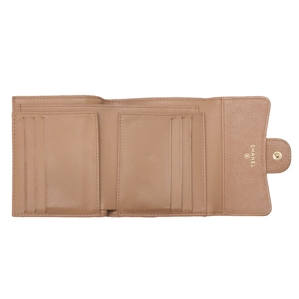 CHANEL Tri-Fold Wallet V-Stitch Leather Beige Gold-Tone Hardware Pre-Owned - Vintage La Charme