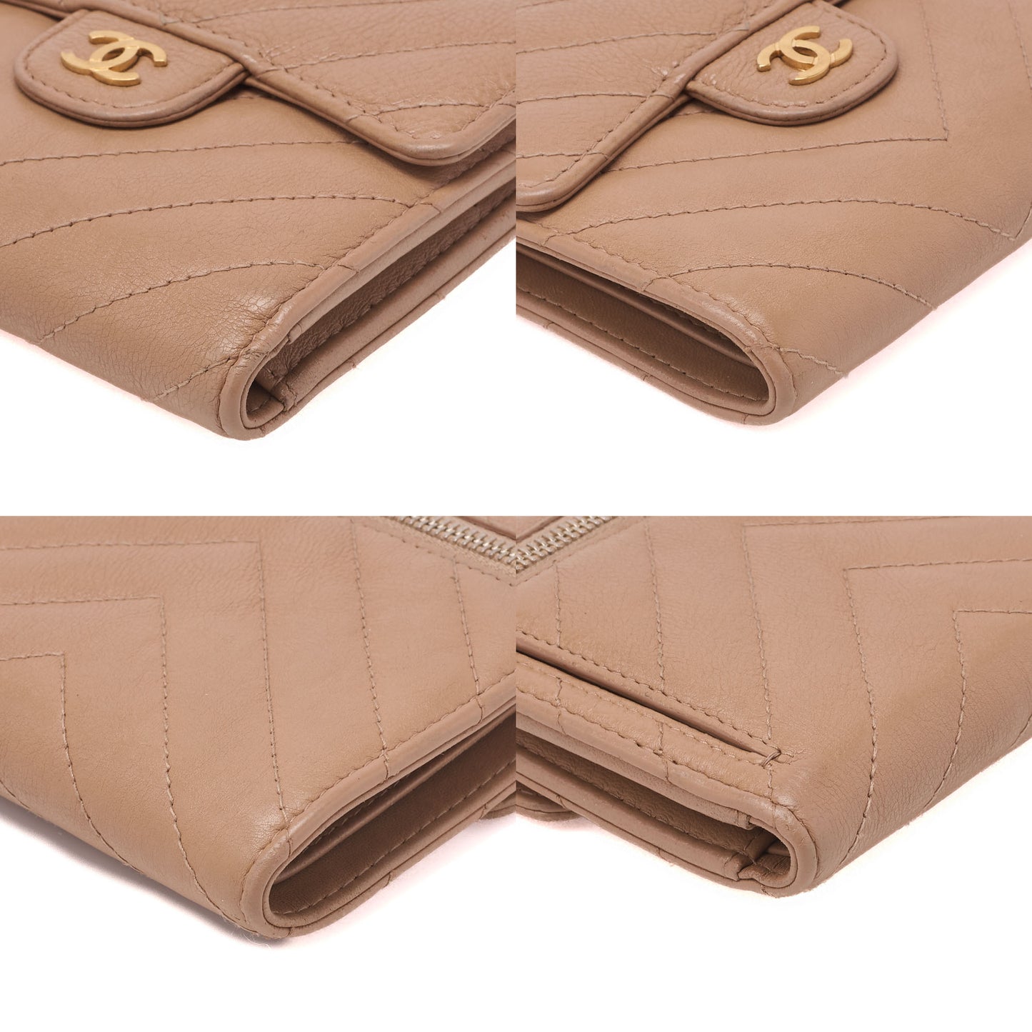 CHANEL Tri-Fold Wallet V-Stitch Leather Beige Gold-Tone Hardware Pre-Owned - Vintage La Charme