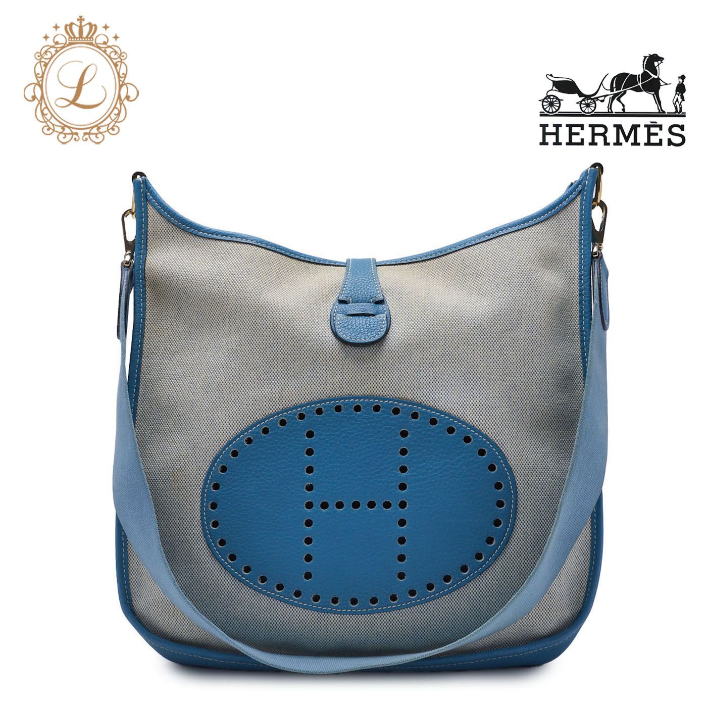 HERMES Shoulder Bag, Evelyn GM 1 Ann, Toile, Ash Blue Jean, Gold-Tone Hardware, Pre-Owned - Vintage La Charme