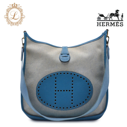 HERMES Shoulder Bag, Evelyn GM 1 Ann, Toile, Ash Blue Jean, Gold-Tone Hardware, Pre-Owned - Vintage La Charme