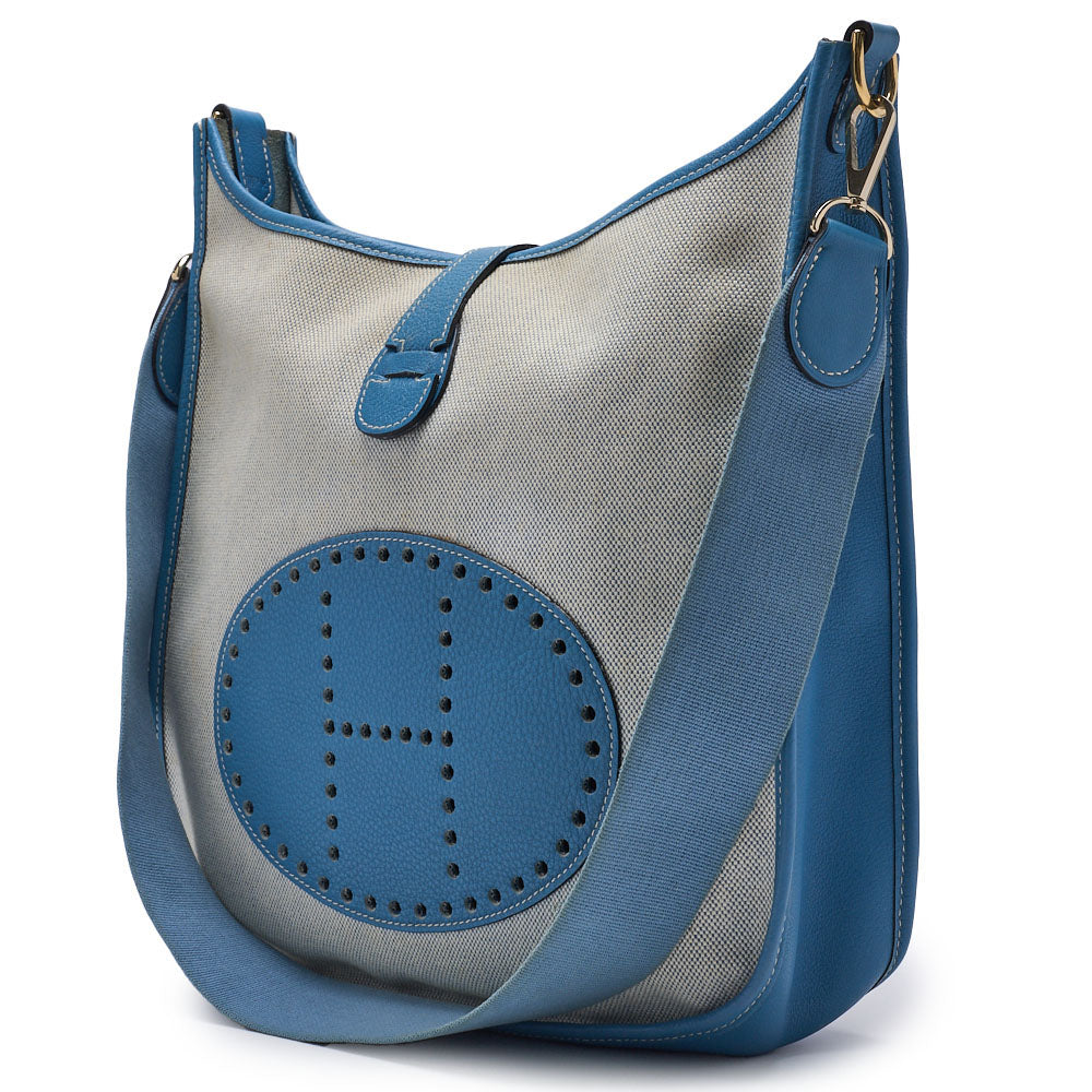 HERMES Shoulder Bag, Evelyn GM 1 Ann, Toile, Ash Blue Jean, Gold-Tone Hardware, Pre-Owned - Vintage La Charme