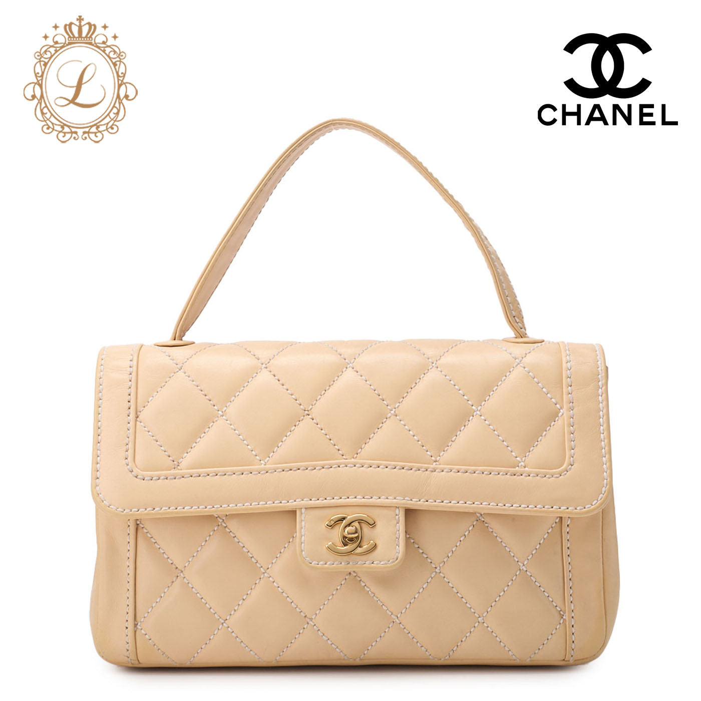 CHANEL Handbag Wild Stitch Matelasse Calf Leather Beige Gold-Tone Hardware Pre-Owned - Vintage La Charme