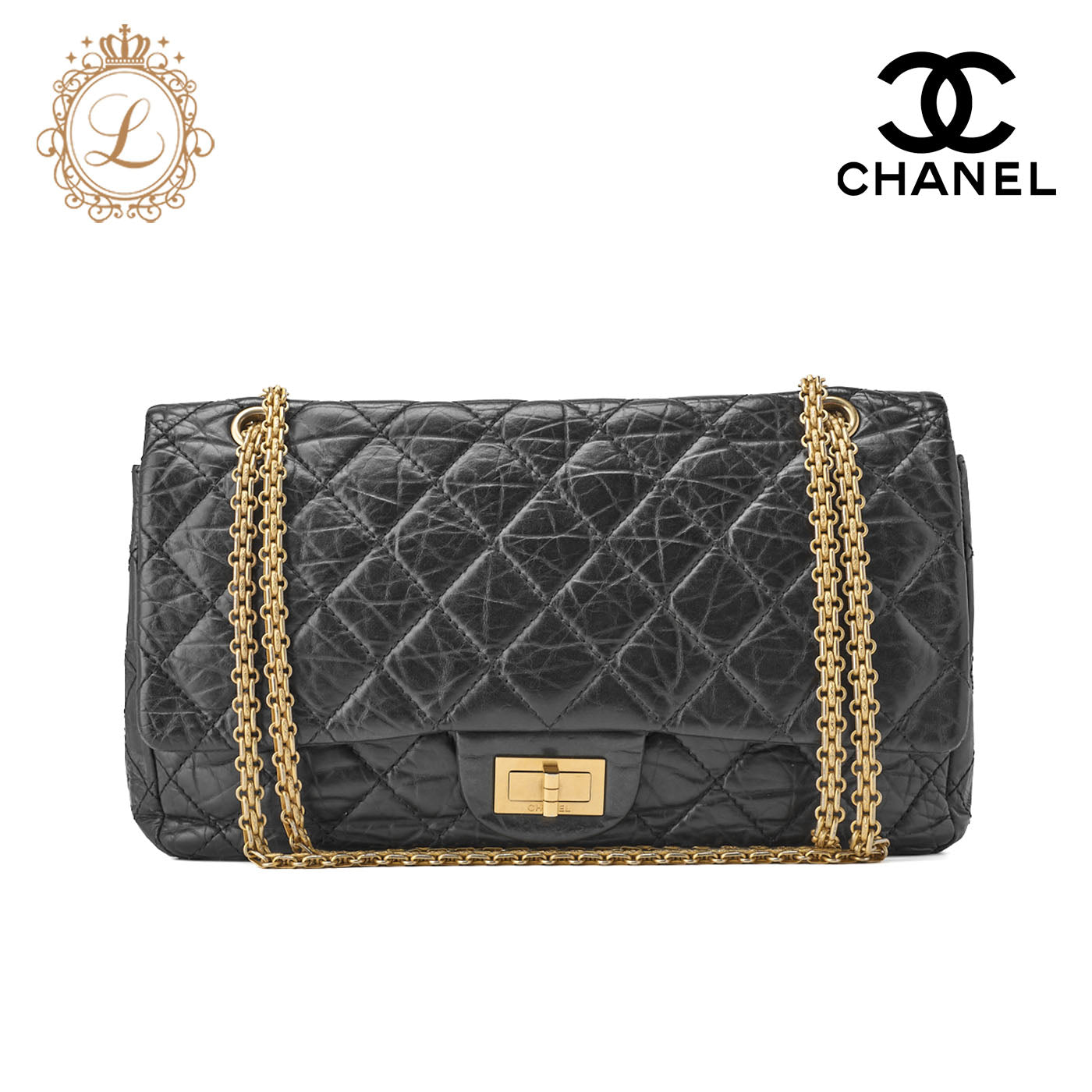 CHANEL Shoulder Bag, Deca Matelasse Turn Lock 2.55 Lock Chain, Vintage Calf, Black, Gold-Tone Hardware, Pre-Owned - Vintage La Charme