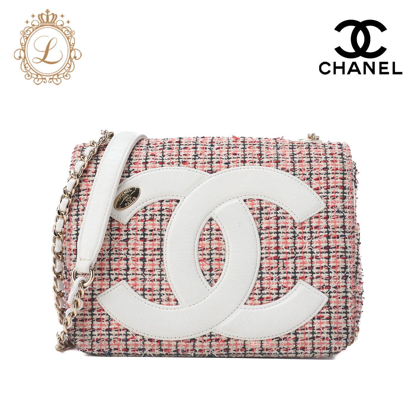 CHANEL Shoulder Bag, Matelasse Coco Mark, Chain Shoulder, Tweed, Gold, Gold-Tone Hardware, Pre-Owned - Vintage La Charme