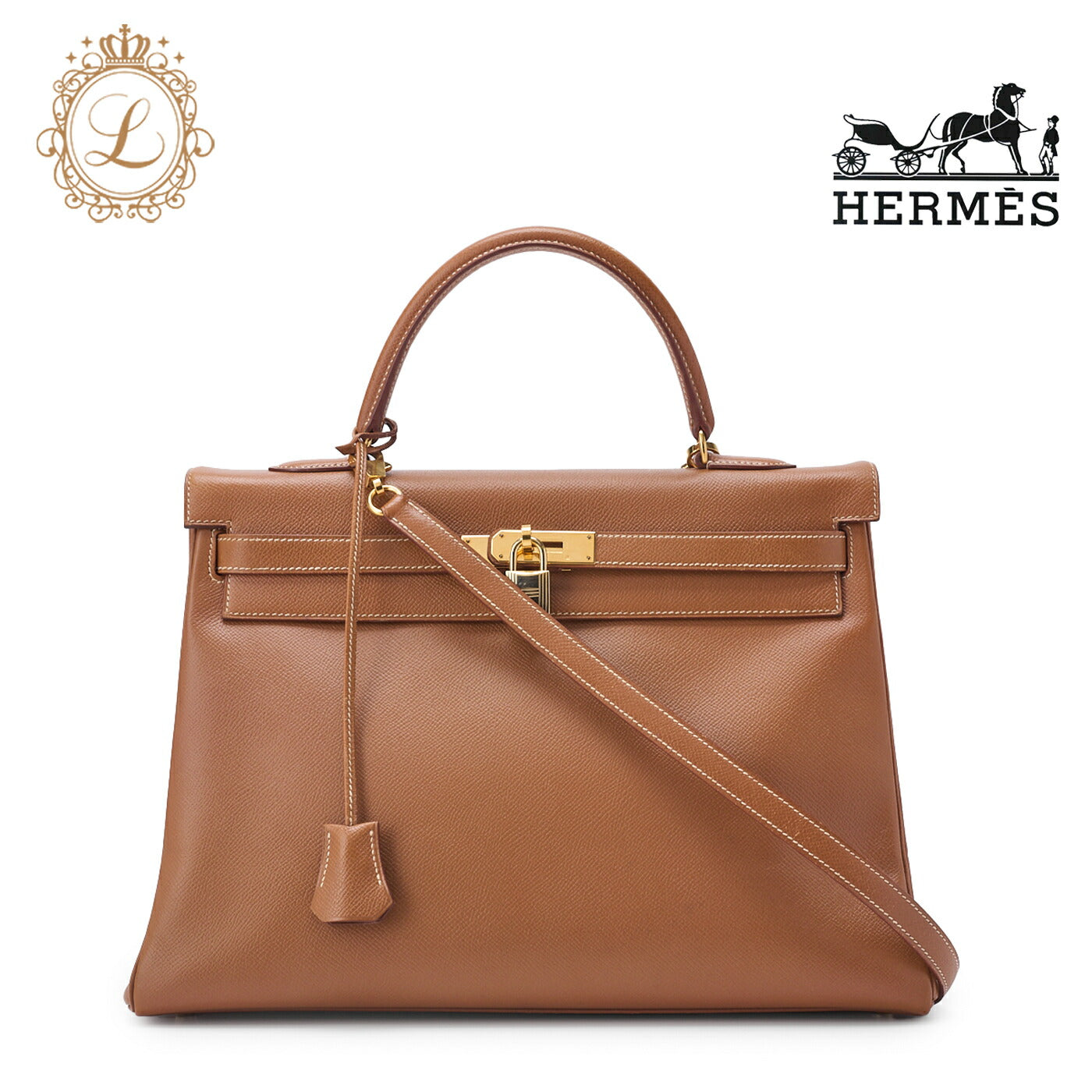 HERMES Kelly 35 2WAY Handbag Kushvel Gold, Gold, Gold-Tone Hardware, Pre-Owned - Vintage La Charme