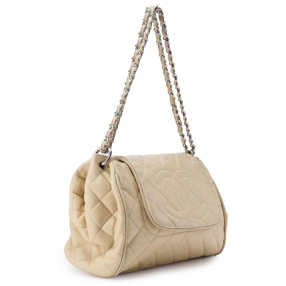 CHANEL Shoulder Bag, Matelasse, Chain Shoulder, Caviar Skin, Ivory, Silver-Tone Hardware, Pre-Owned - Vintage La Charme